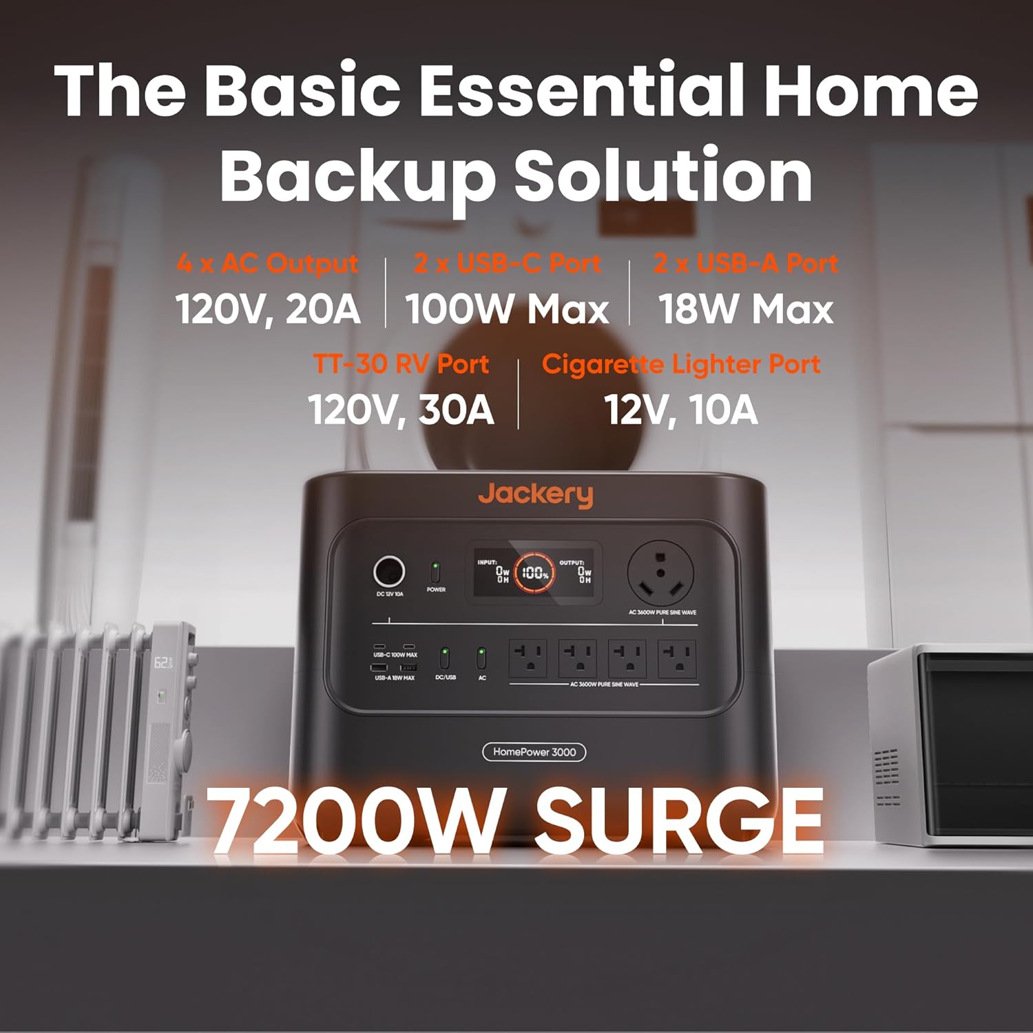 Jackery HomePower 3000 Portable Power Station with DC-DC Alternator Charger, 3600W (Surge 7200W) Output, 3072Wh LFP Solar Generator, Essential Backup for Home Use, Power Outage, Emergencies, RVs