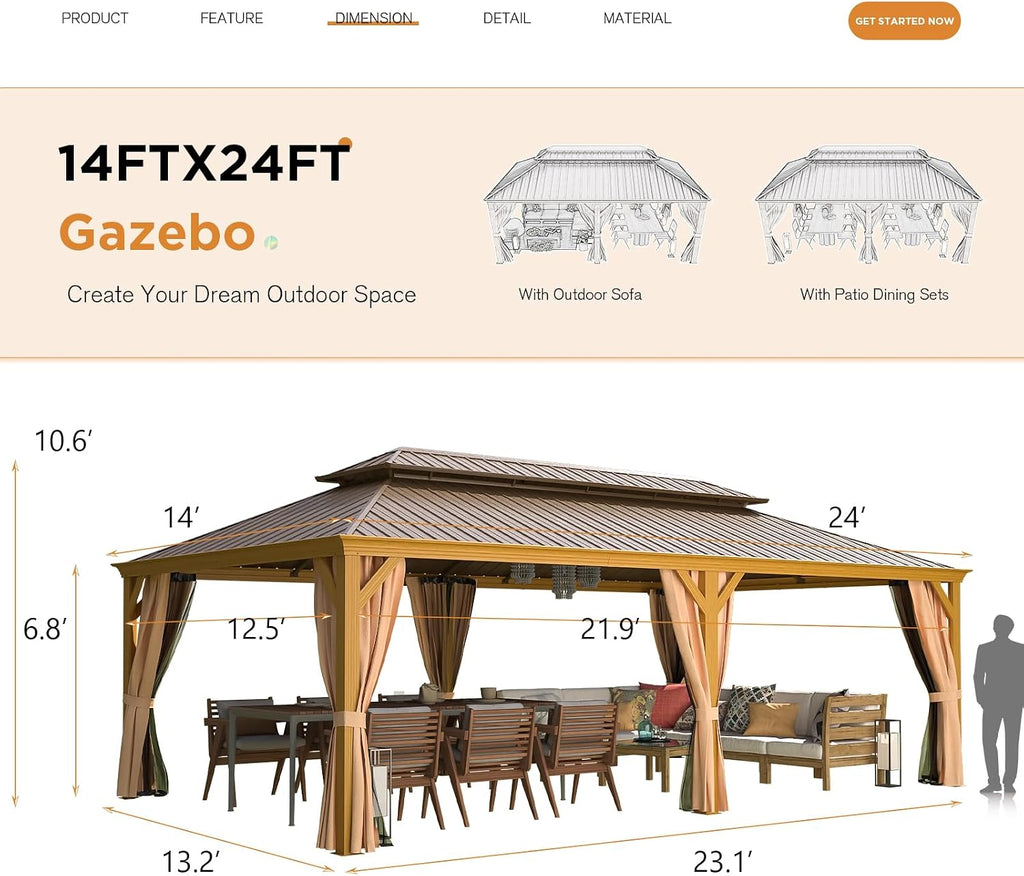 EROMMY 14'x24' Hardtop Gazebo, Galvanized Steel Double Roof with Wood-Looking Aluminum Frame, Outdoor Permanent Metal Pavilion with Curtains and Nettings for Patio, Backyard and Deck