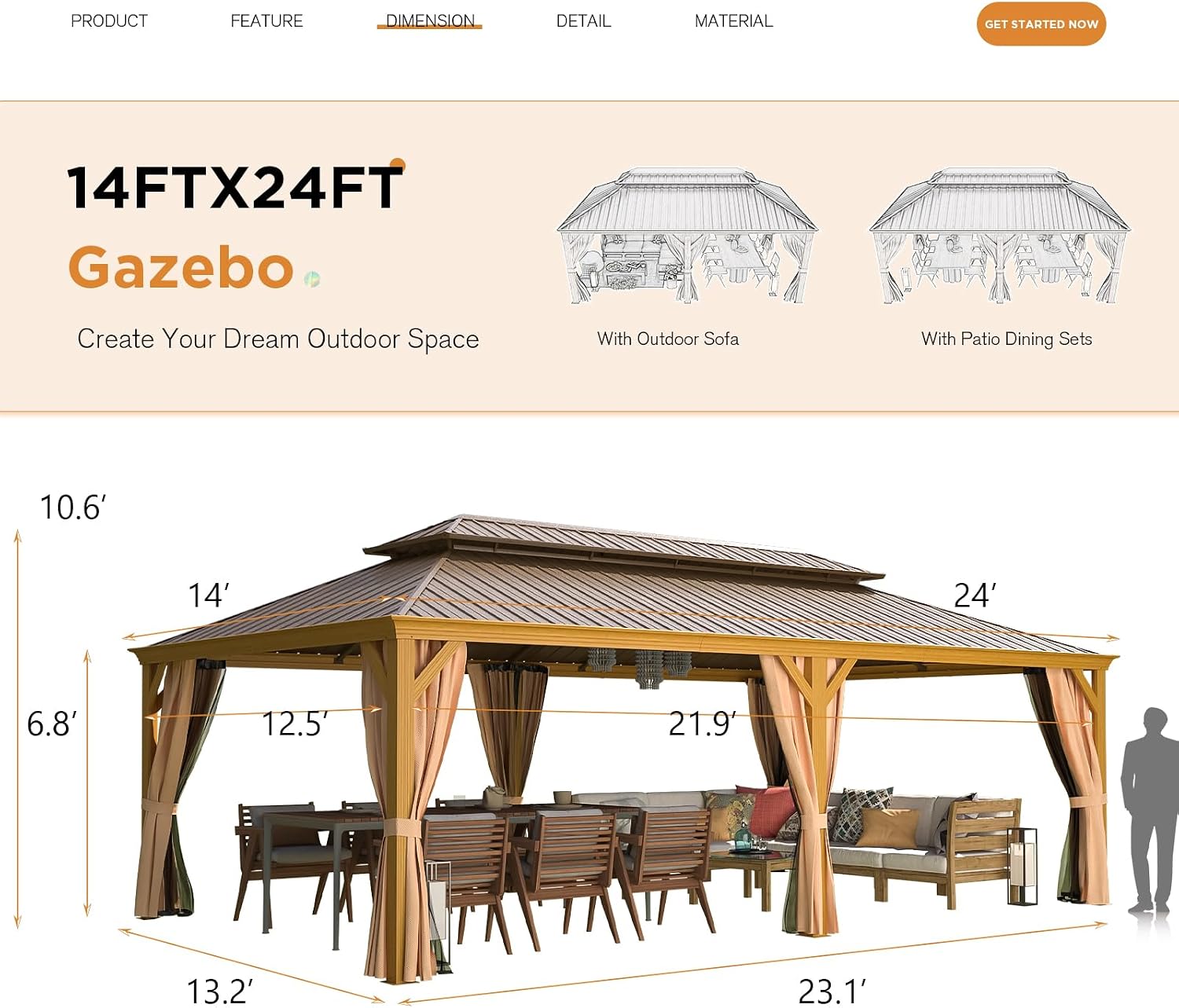 EROMMY 14'x24' Hardtop Gazebo, Galvanized Steel Double Roof with Wood-Looking Aluminum Frame, Outdoor Permanent Metal Pavilion with Curtains and Nettings for Patio, Backyard and Deck