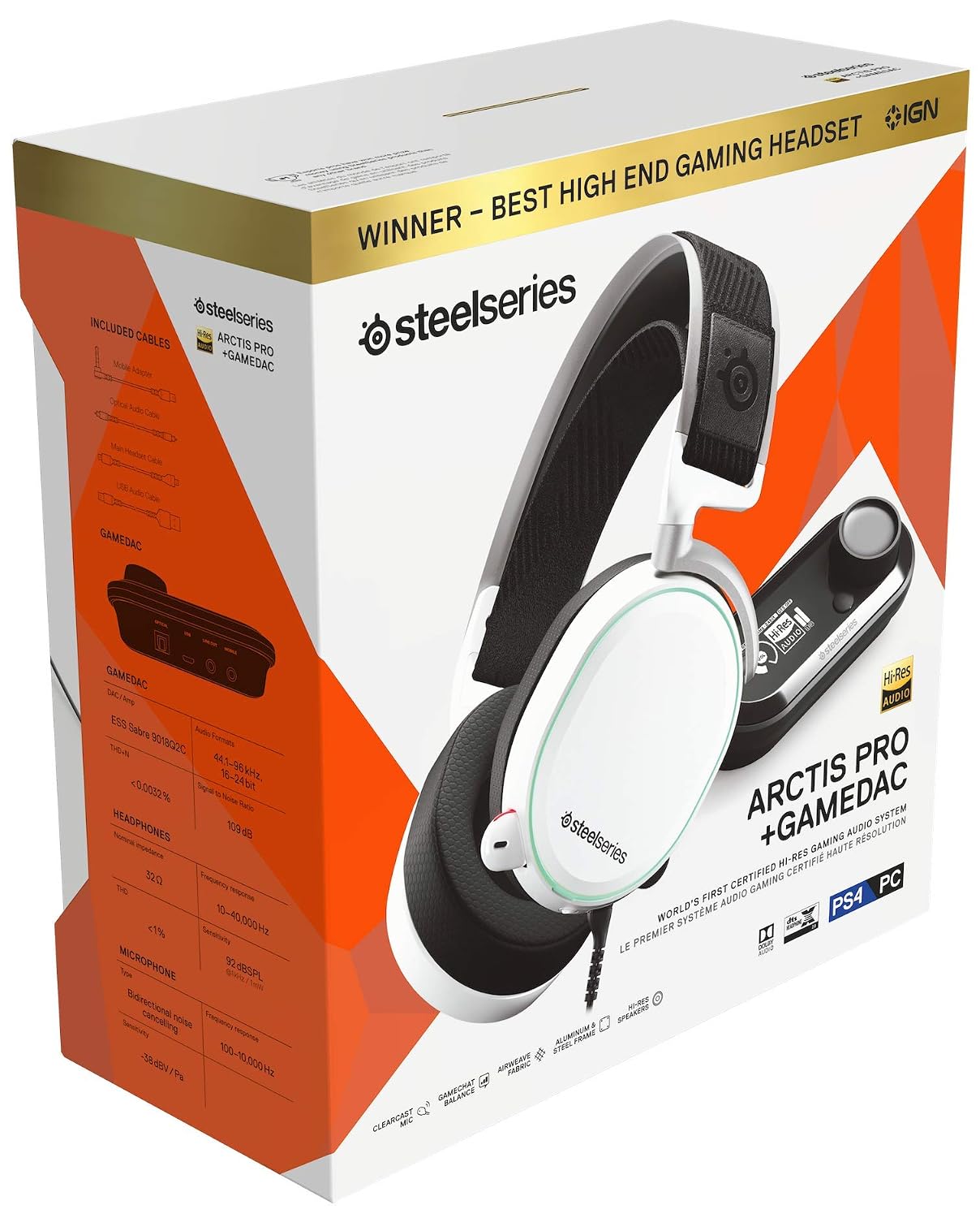 SteelSeries Arctis Pro + GameDAC Wired Gaming Headset - Certified Hi-Res Audio - Dedicated DAC and Amp - for PS5/PS4 and PC - White
