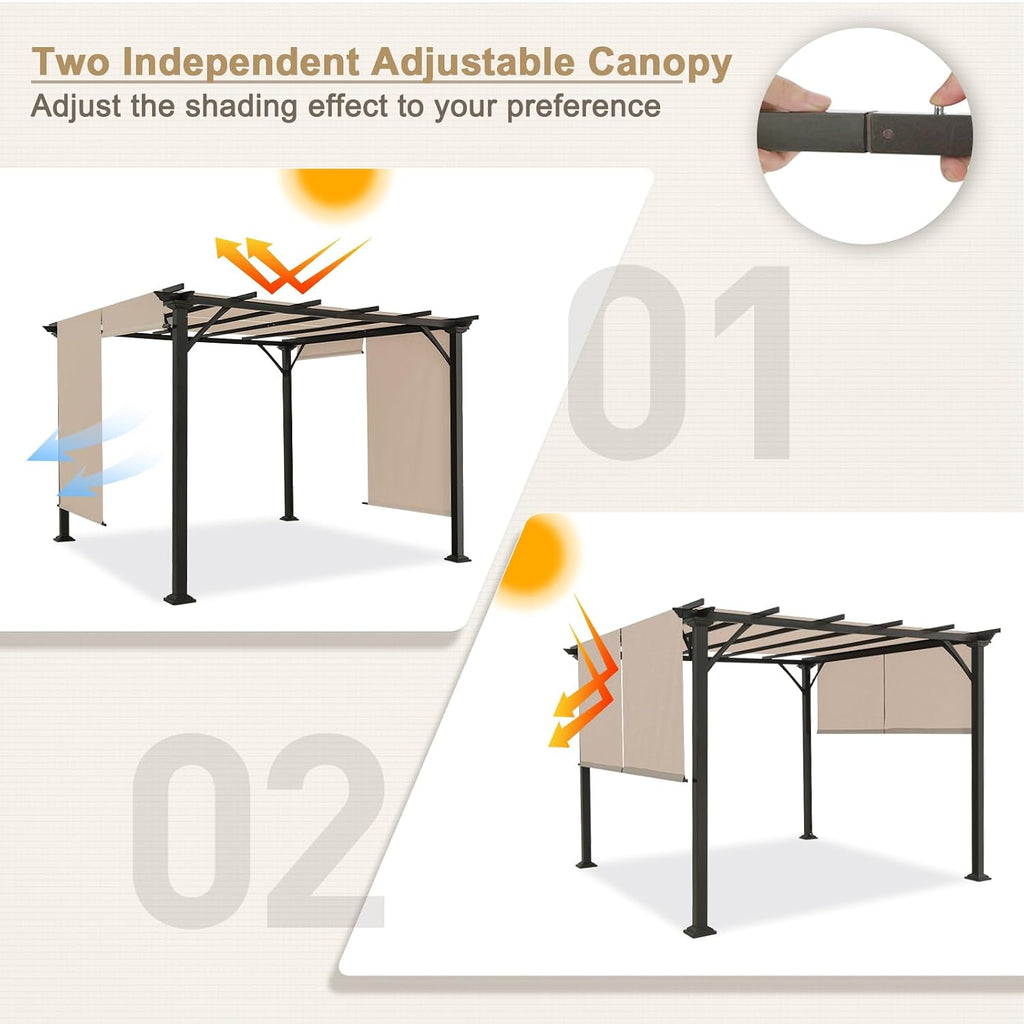 EAGLE PEAK 10x10 Outdoor Gazebo Pergola with Retractable Sun Shade Top for Patio, Garden, Backyard, Steel Frame, Beige