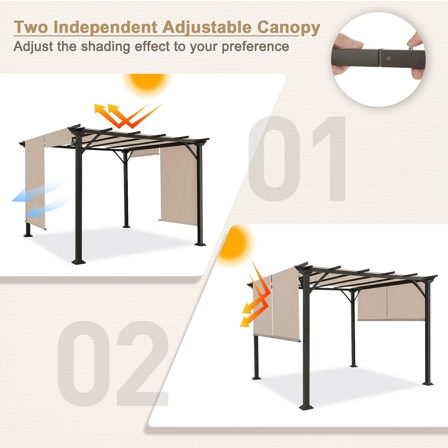 EAGLE PEAK 10x10 Outdoor Gazebo Pergola with Retractable Sun Shade Top for Patio, Garden, Backyard, Steel Frame, Beige