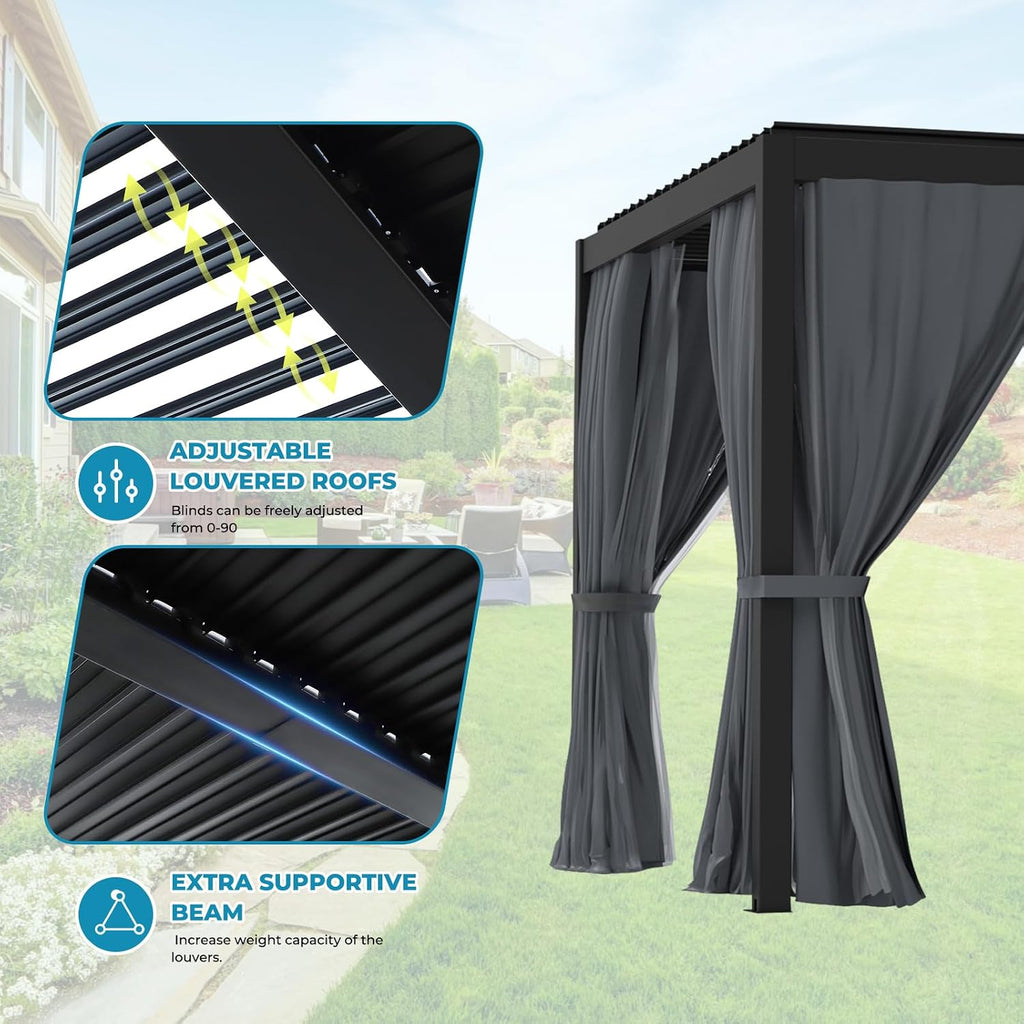LVUYOYO Outdoor Louvered Pergola 10' x 13', Aluminum Pergola with Adjustable Roof, Waterproof Metal Gazebo with Curtains and Netting for Patio, Backyard, Garden, Deck (Black)