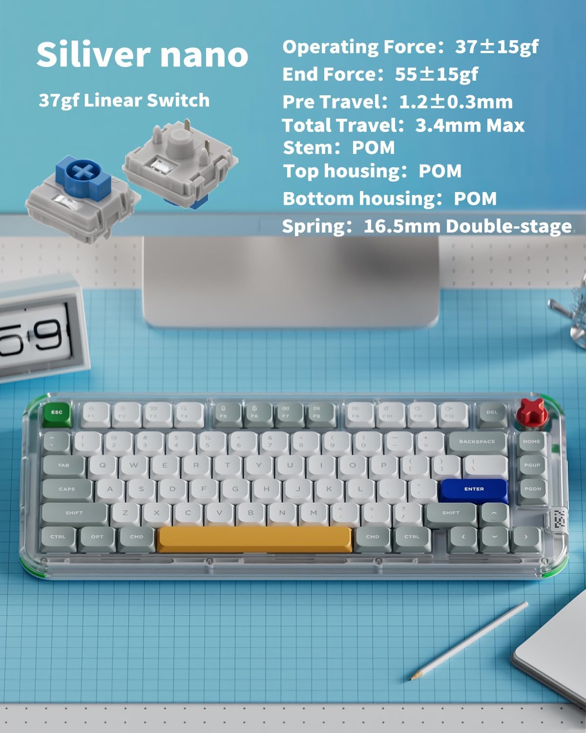 nuphy Kick75 Wireless Low Profile Mechanical Keyboard with Volume Knob,75% Hot Swappable Custom Keyboard,80 Keys RGB Backlit with PBT Keycaps,BT/2.4G/USB-C (Silver Nano Switch)