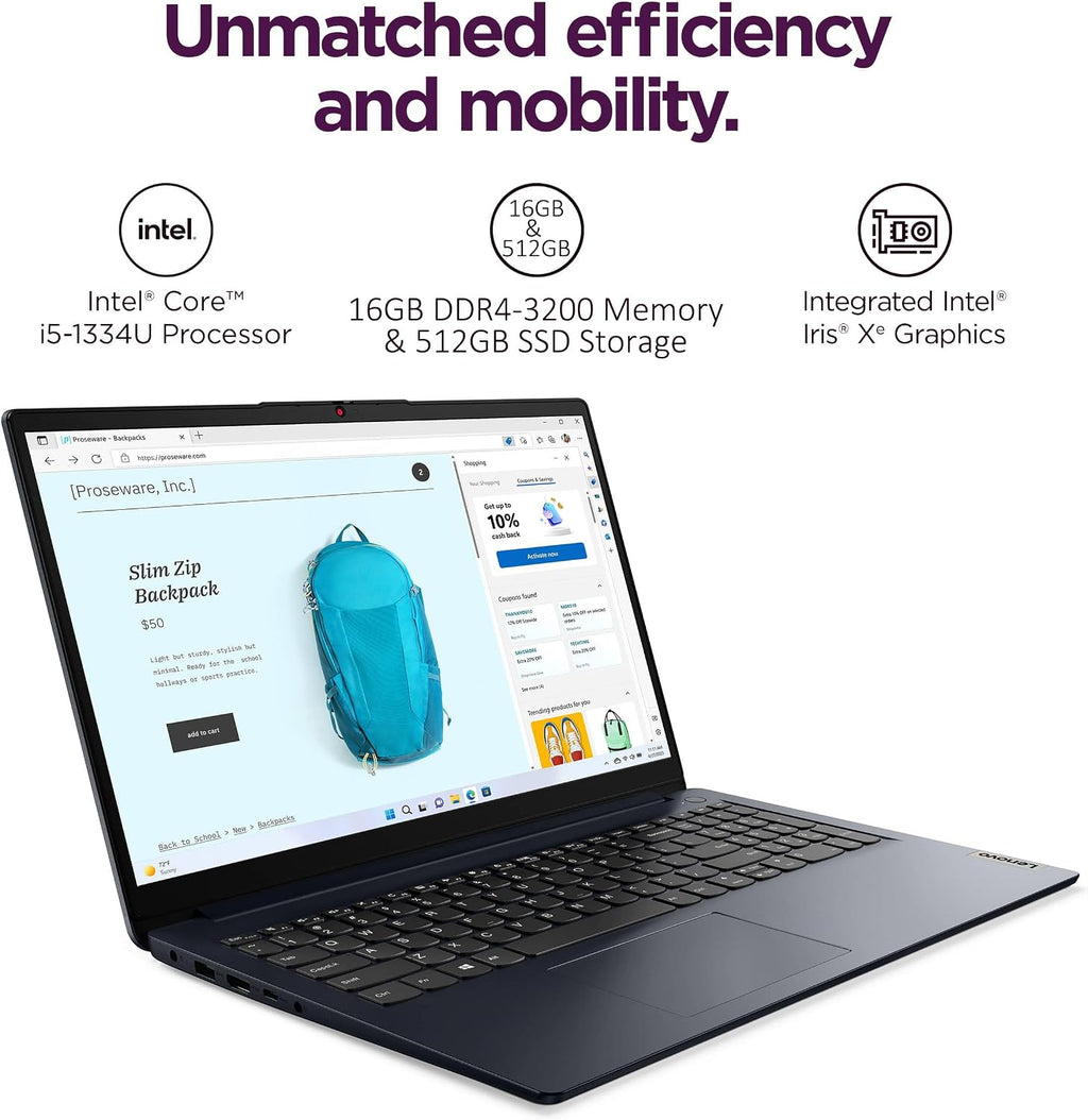 Lenovo IdeaPad 1i 15.6' FHD Touchscreen Laptop (Intel Core i5-1334U (> i7-1255U), 16GB, 512GB SSD), for Home, Student, Business, Webcam w/ Shutter, Slim,10-Hr Long Battery Life, Wi-Fi 6, Win 11 Home