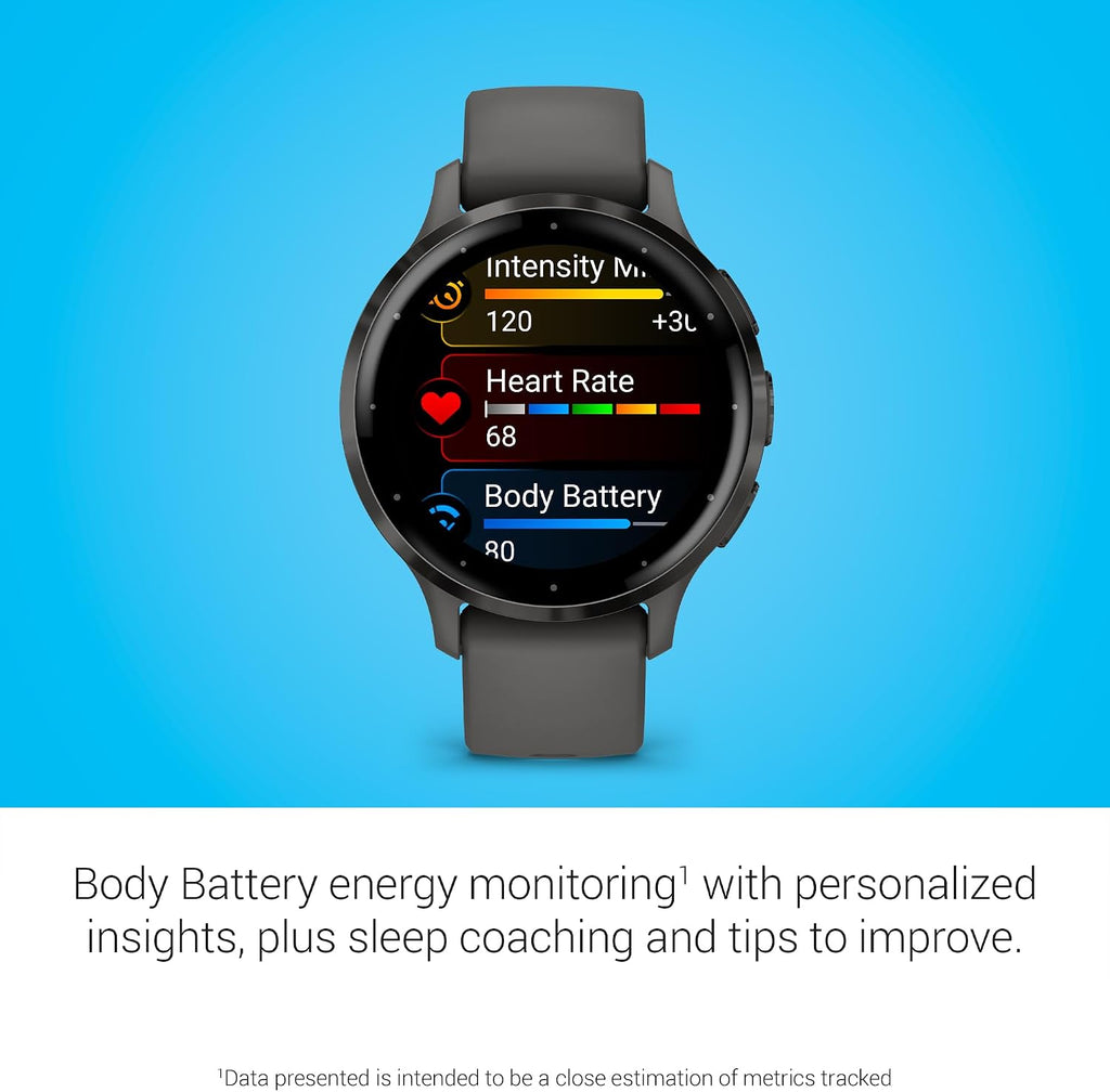 Garmin Venu 3S Running GPS Smartwatch with AMOLED Display, Advanced Health, Fitness Features, Up to 14 Day Battery Life with Signature Series Modern Power Stand | Slate with Pebble Gray Silicone Band