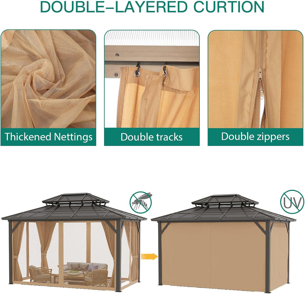 10X13FT Outdoor Hardtop Gazebo with Aluminum Frame, Heavy-Duty Double Roof Polycarbonate Gazebo Including Mesh Netting and Sunshade Curtains, for Patios, Terraces, Lawns, Decks, Brown + Khaki