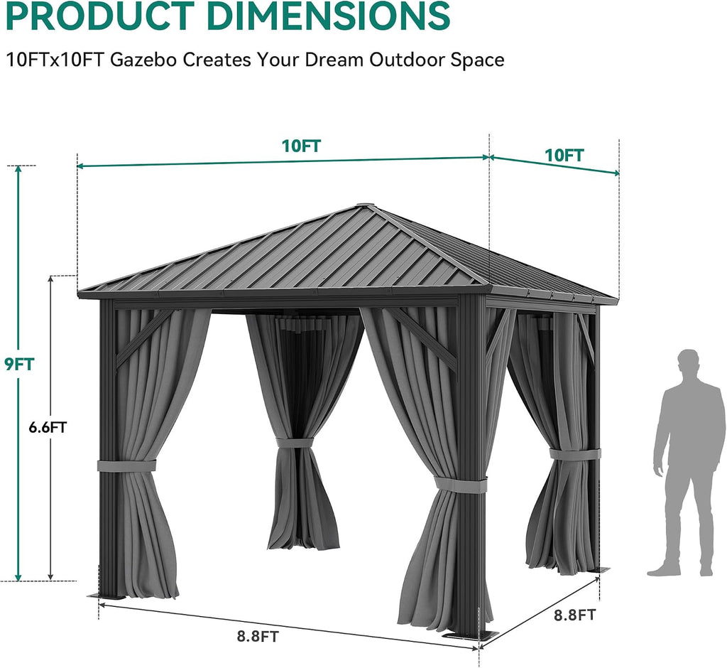 YITAHOME 10X10FT Metal Hardtop Gazebo Outdoor Patio Single Top Canopy Galvanized Iron Aluminum Column Garden Tent Curtains Netting for Backyards Decks Lawns,Gray