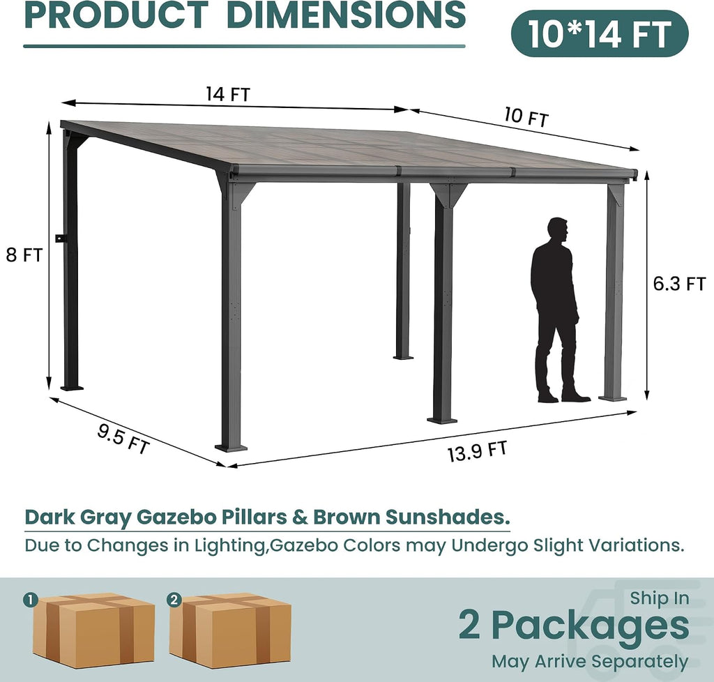 10 * 14FT Pergola,4 * 6 Inch Thickened Pillars & Enlarged Base,Outdoor Hardtop Lean to Gazebo,Wall Mounted Pergola,Pergolas Gazebos Clearance,Aluminum Frame Pergola,UV Resistant Patio Roof