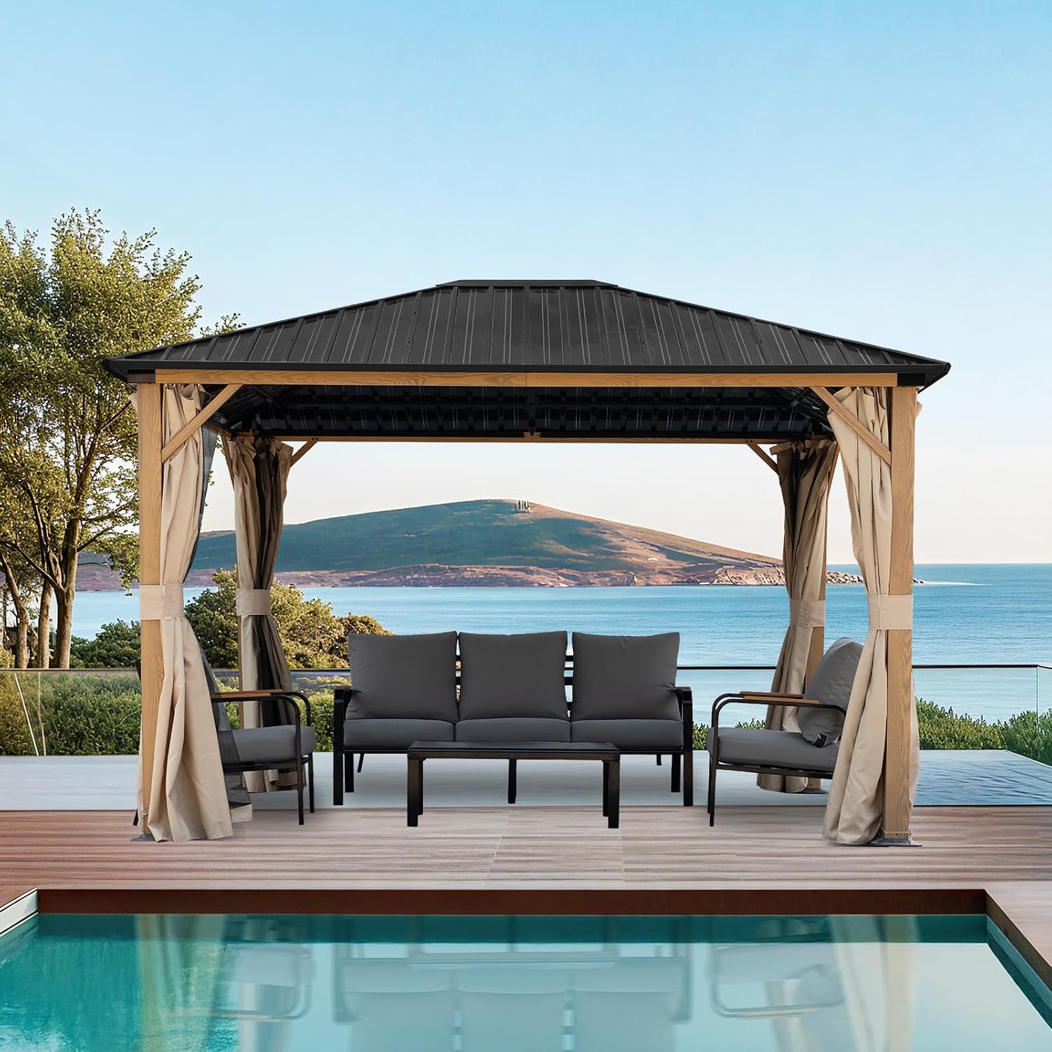 Aoodor 10 x 12 ft. Outdoor Hardtop Gazebo, Wooden Finish Coated Aluminum Frame Gazebo with Curtains and Mosquito Nettings for Patio, Garden, Backyard
