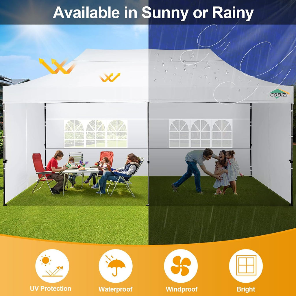 COBIZI 10x20 Pop up Canopy Tent 10x20 Canopy with 6 Sidewalls Waterproof Heavy Duty Commercial Canopy Tent for Parties Outdoor Garden Gazebo, Carry Bag with Wheel(10x20ft, White)