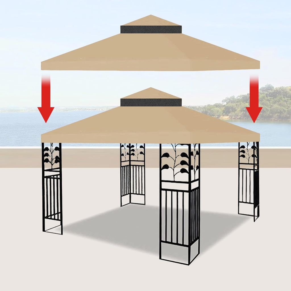 10x10 Ft Gazebo Canopy Replacement Cover, Double Tiered Gazebo Replacement Top (Khaki)