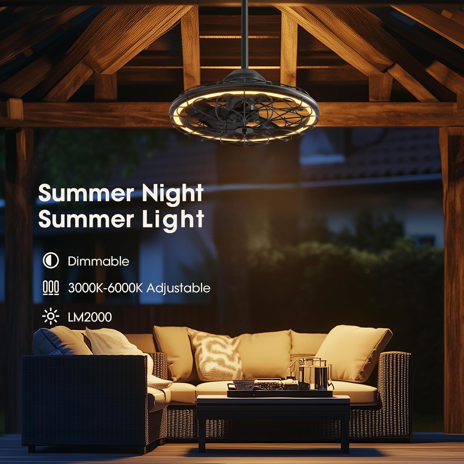 20' Outdoor Ceiling Fan, IP65 Waterproof Gazebo Fan with Light, Remote Control，6 Speeds，3CCT, Plug in Caged Ceiling Fan with Hanging Hook for Patio, Porch, Canopy