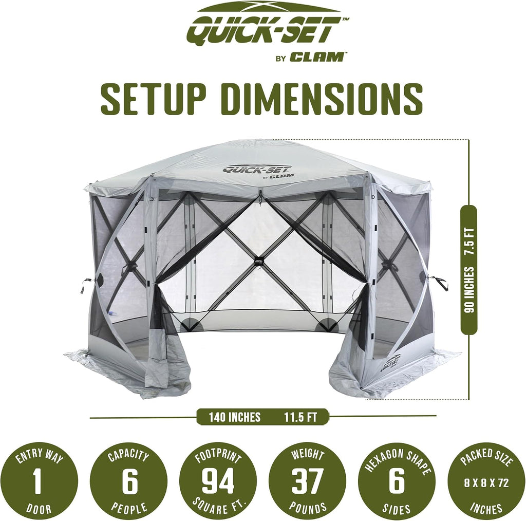 CLAM Quick-Set Pop Up Screen Tent, Escape, 11.5 ft, Instant Setup Gray Outdoor Gazebo Canopy Shelter, 6-Person Bug-Free Camping Tent for Patio, Backyard, Tailgating - Gray