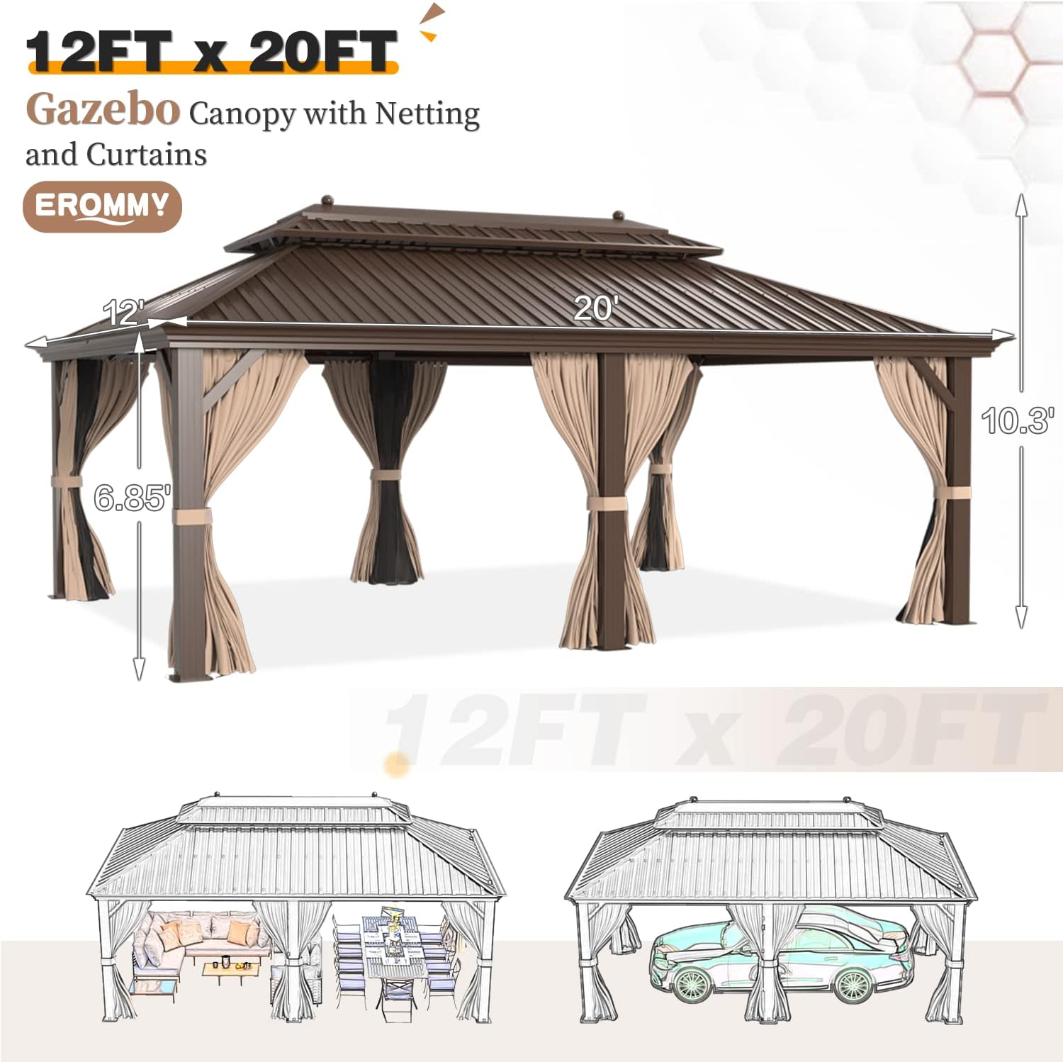 EROMMY 12'x20' Hardtop Gazebo Double Roof Galvanized Steel Canopy Outdoor Aluminum Frame Permanent Metal Pavilion with Netting and Curtains for Patio Backyard Deck and Lawns