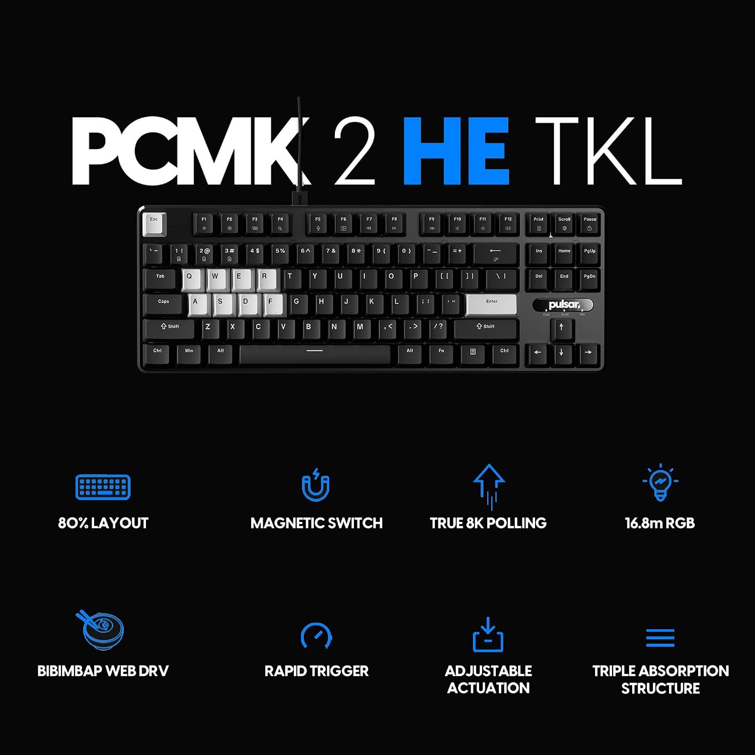 Pulsar PCMK 2 HE TKL Hall Effect Magnetic Gaming Keyboard, Rapid Trigger, Adjustable Actuation Magnetic Switch, 8k Polling, Ultra-Low Latency, RGB Lighting, Hot-Swap, Double Shot PBT Keycaps (Black)