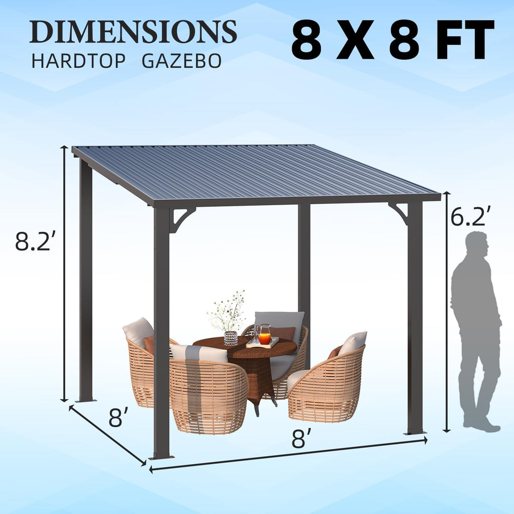 U-MAX 8' x 8' Outdoor Pergola Hardtop Gazebo, Wall-Mounted Heavy Duty Lean to Metal Awnings Gazebos on Clearance for Patio, Small Galvanized Steel Pergolas and Gazebo for Outdoor Use