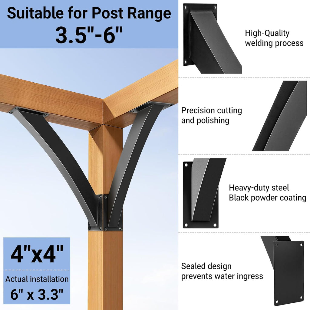 Heavy Duty Arc 45 Degree Angle Bracket, Wood Pergola Bracket Kit-4 Pcs for 4''x4'' Post, Pergola Accessories, for Gazebos, Decks, Porches, Log Cabins etc., Wood Post and Beam Angle Support Brackets