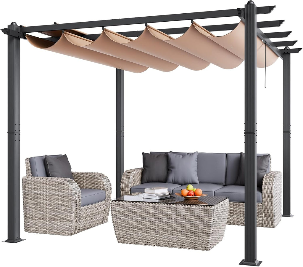 VEVOR 10'x10' Outdoor Retractable Pergola with Canopy, Aluminum Pergola with Retractable Canopy, Modern Style, Sun Shade for Patios, Gardens, Decks, Backyards (Beige)