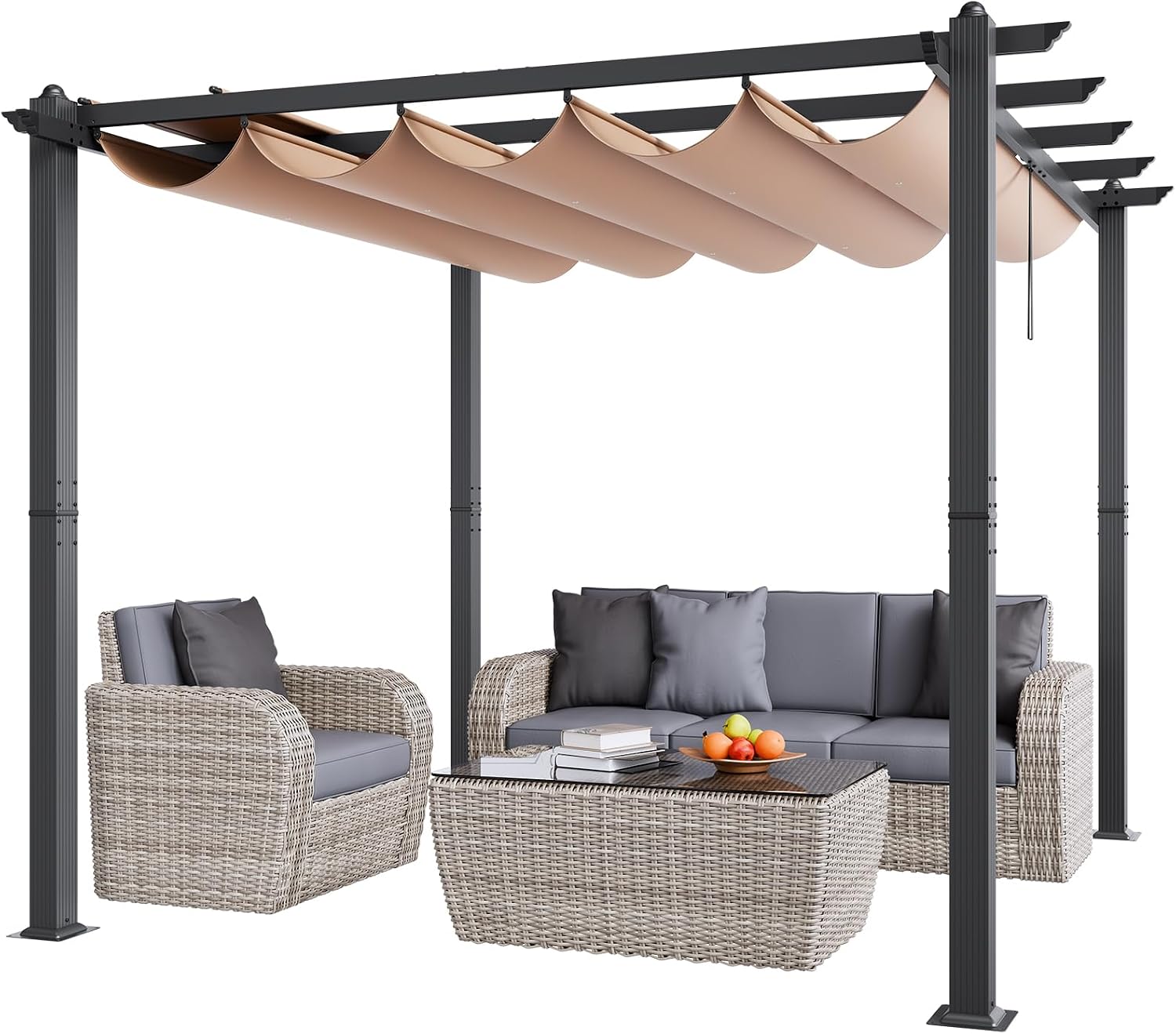 VEVOR 10'x10' Outdoor Retractable Pergola with Canopy, Aluminum Pergola with Retractable Canopy, Modern Style, Sun Shade for Patios, Gardens, Decks, Backyards (Beige)