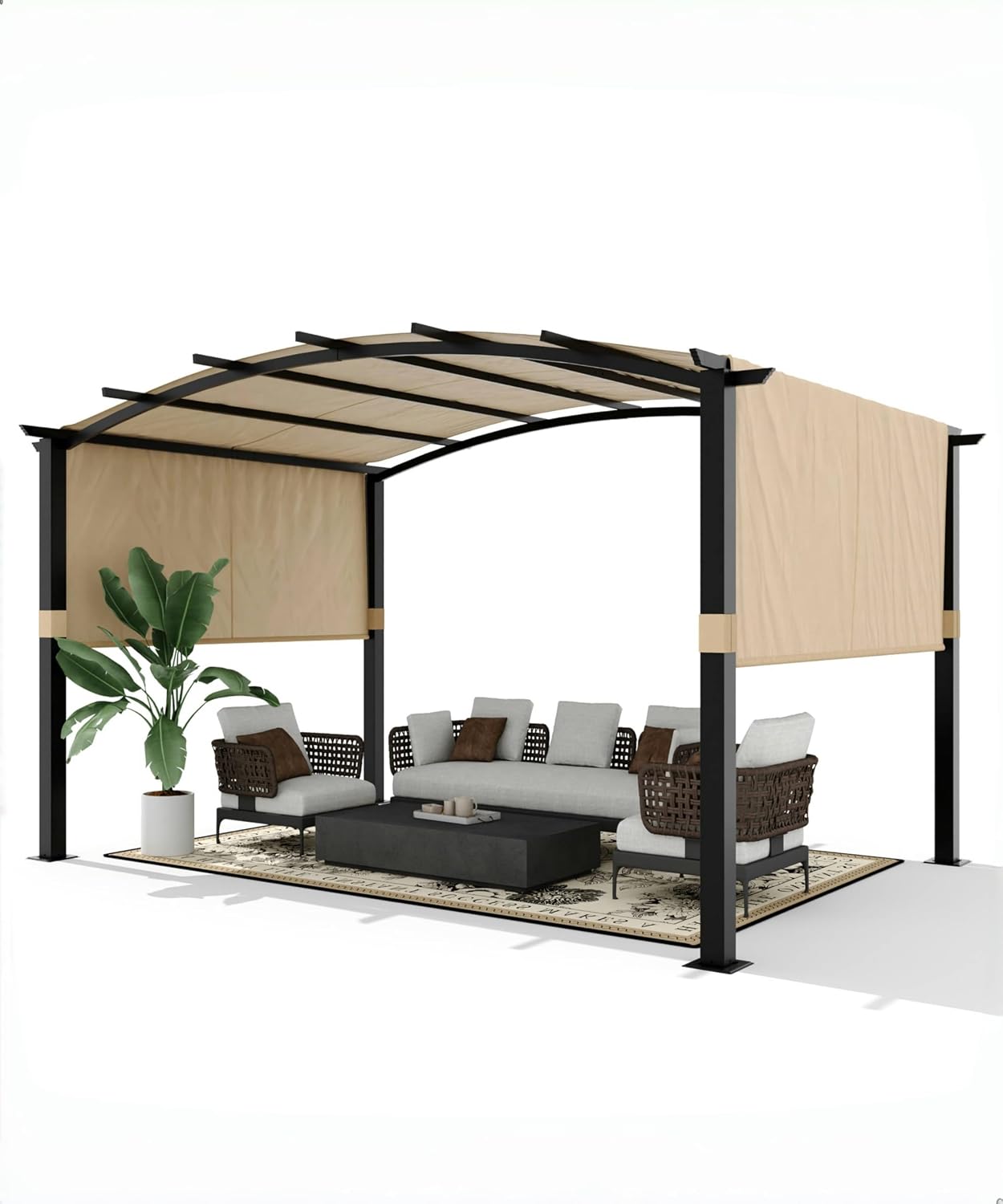 GarveeLife 12 x 9 ft Outdoor Arched Pergola, Metal Pergola with Retractable Canopy, Arched Style Gazebos for Backyards, Lawn, Patios (Khaki)