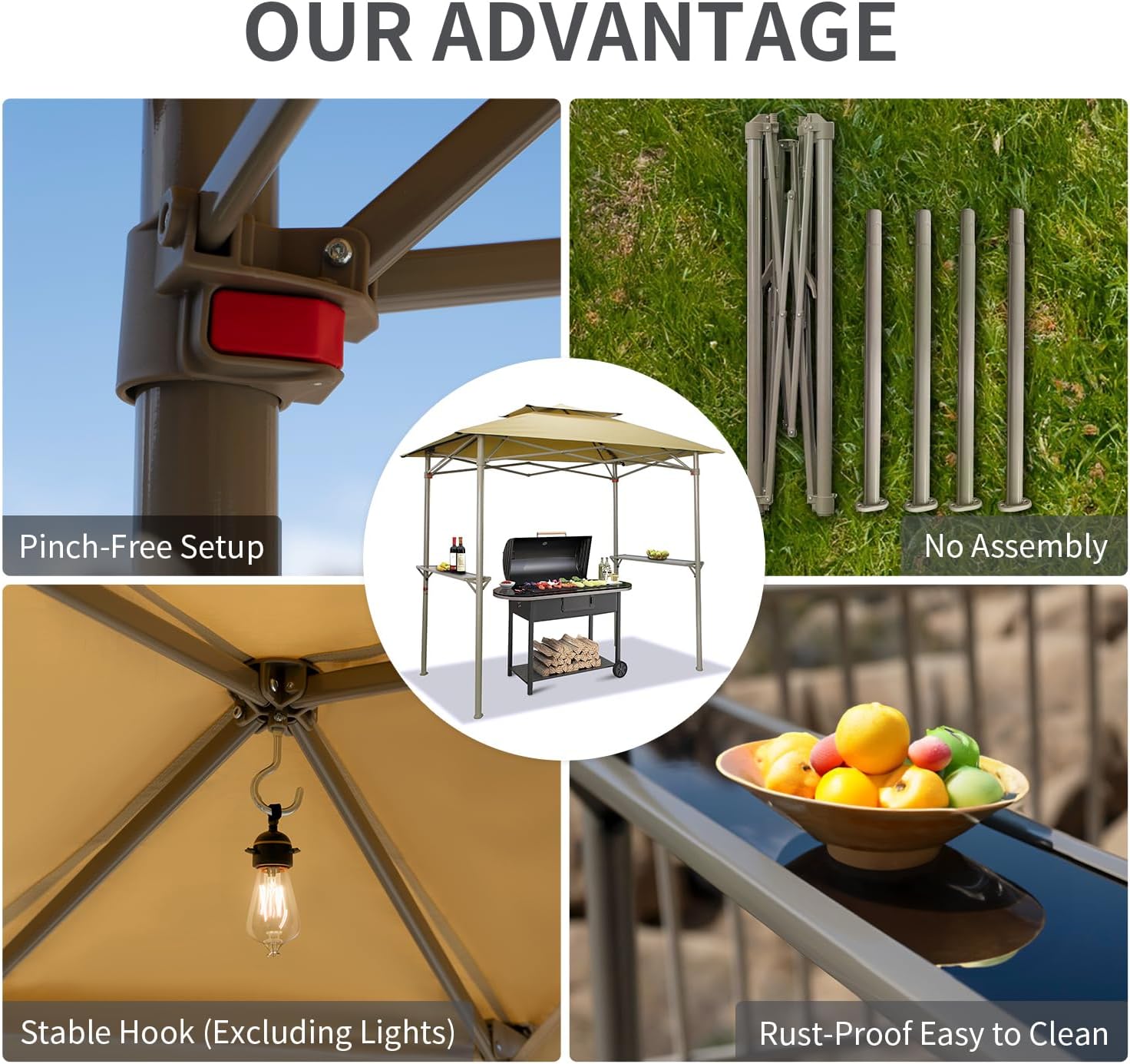 Crown Shades 8x5 Grill Gazebo - Pop Up Canopy for BBQ and Backyard Patio - Easy Outdoor Barbecue Shade Cover with Double Tier Vented Top & 2 Side Shelves (Beige)