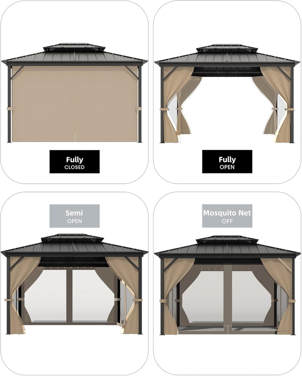 GarveeLife 10 ft x12 ft Hardtop Gazebo for All Weather, with Double Metal Roof, Aluminum Alloy Frame, Net, and Curtain, Permanent Building for Patio, Deck, Backyard, Lawn, and Garden