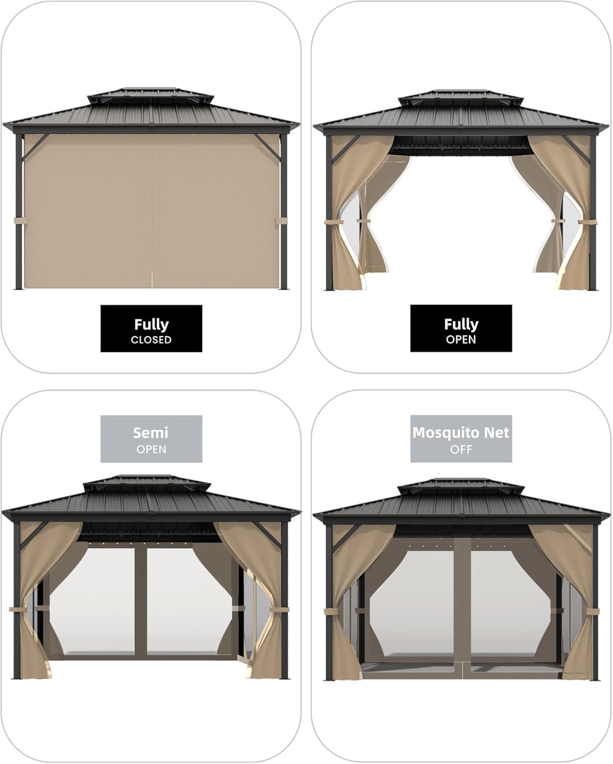 GarveeLife 10 ft x12 ft Hardtop Gazebo for All Weather, with Double Metal Roof, Aluminum Alloy Frame, Net, and Curtain, Permanent Building for Patio, Deck, Backyard, Lawn, and Garden