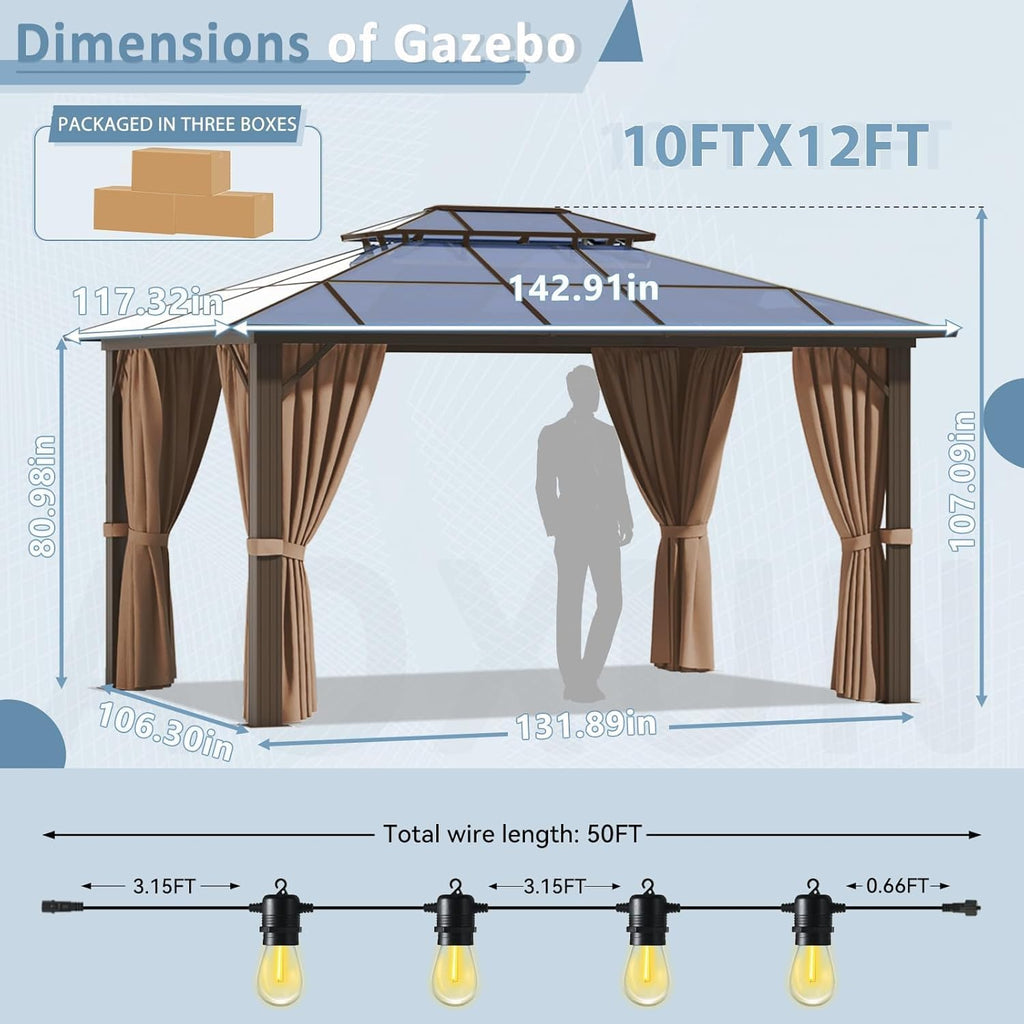 Aoxun 10'x12' Hardtop Gazebo, Aluminum Frame Permanent Pavilion with Curtains and Netting, Outdoor Polycarbonate Double Roof Canopy with String Lights, for Garden, Lawns, Patio, Brown