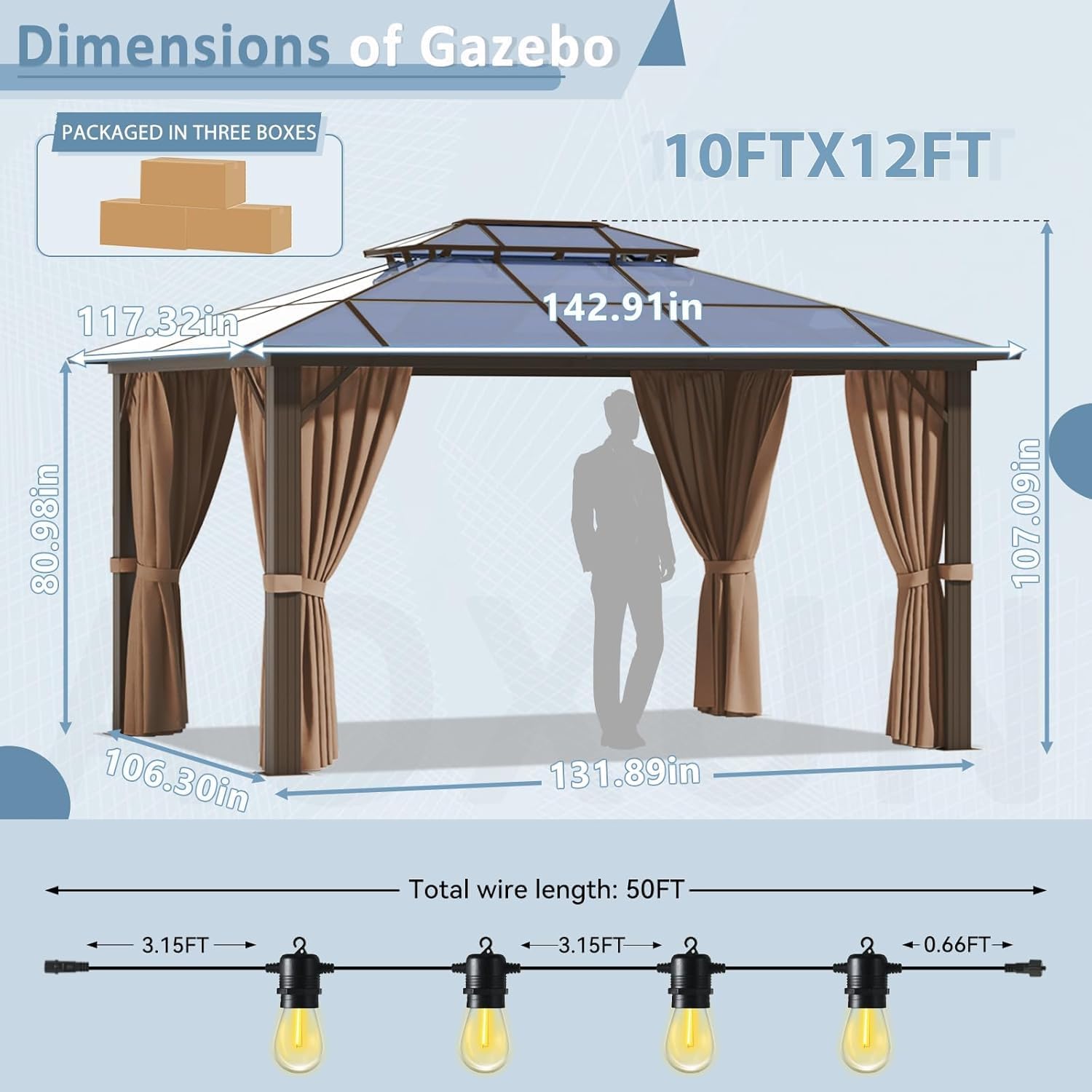 Aoxun 10'x12' Hardtop Gazebo, Aluminum Frame Permanent Pavilion with Curtains and Netting, Outdoor Polycarbonate Double Roof Canopy with String Lights, for Garden, Lawns, Patio, Brown