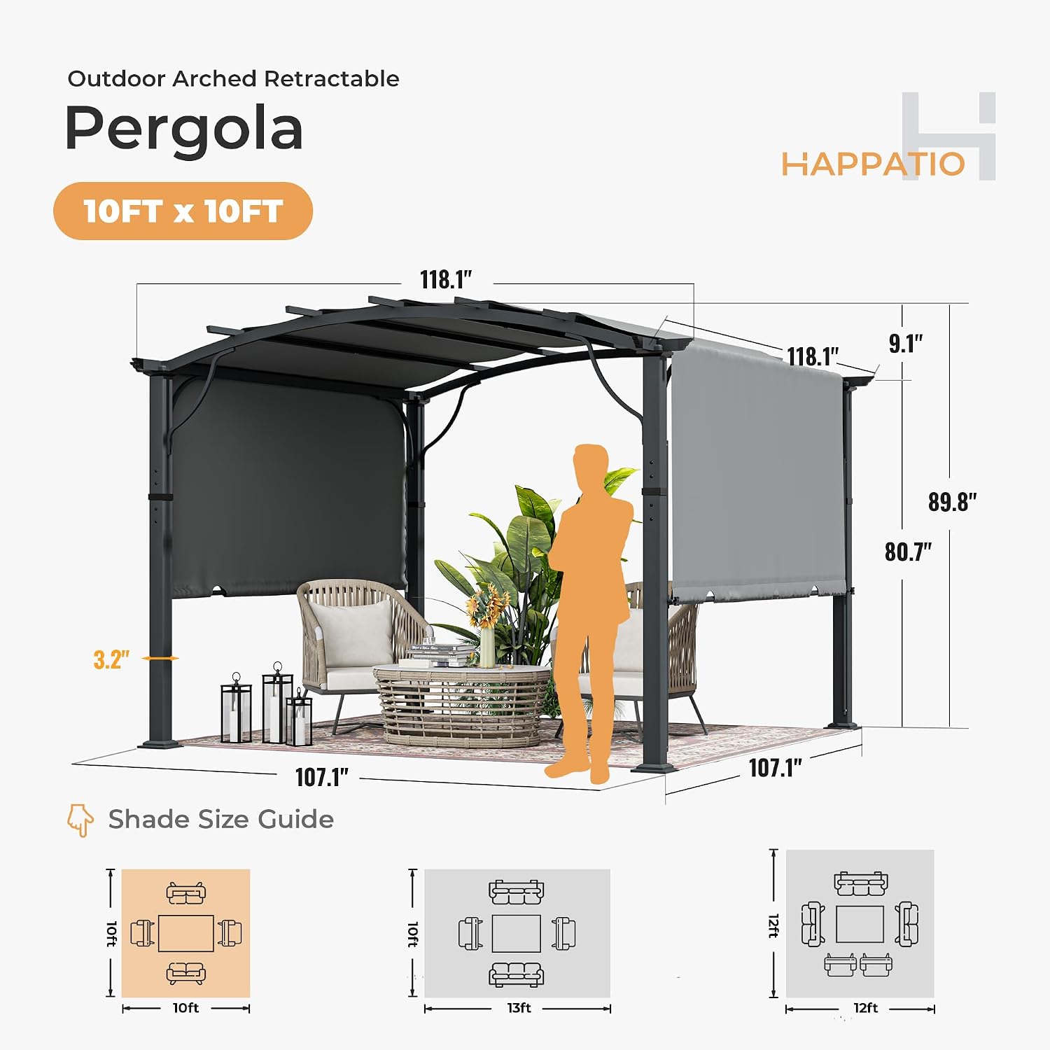 HAPPATIO 10' x10' Outdoor Retractable Pergola, Arched Patio Pergola with Sun Shade Canopy, Aluminum Frame with Canopy Fixed in Various Positions, All- Weather for Backyards, Gardens, Patios (Grey)