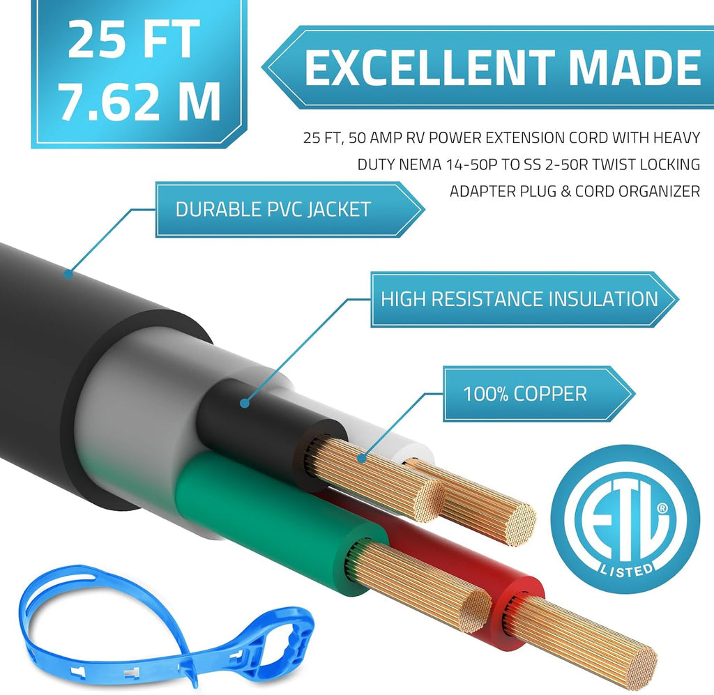 PAULINN Generator Cord 50 Amp 25FT & Power Inlet Box, NEMA 14-50P/SS2-50R Twist Lock Extension Cord with NEMA SS2-50P Generator Inlet, ETL Listed, Weatherproof, Emergency Power Combo Kit