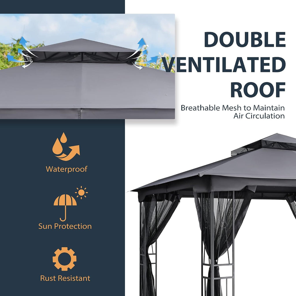 HAPPATIO 10' X 12' Outdoor Patio Gazebo, Canopy Gazebo for Garden,Yard,Patio with Ventilation Double Roof with Mosquito Netting,Gray