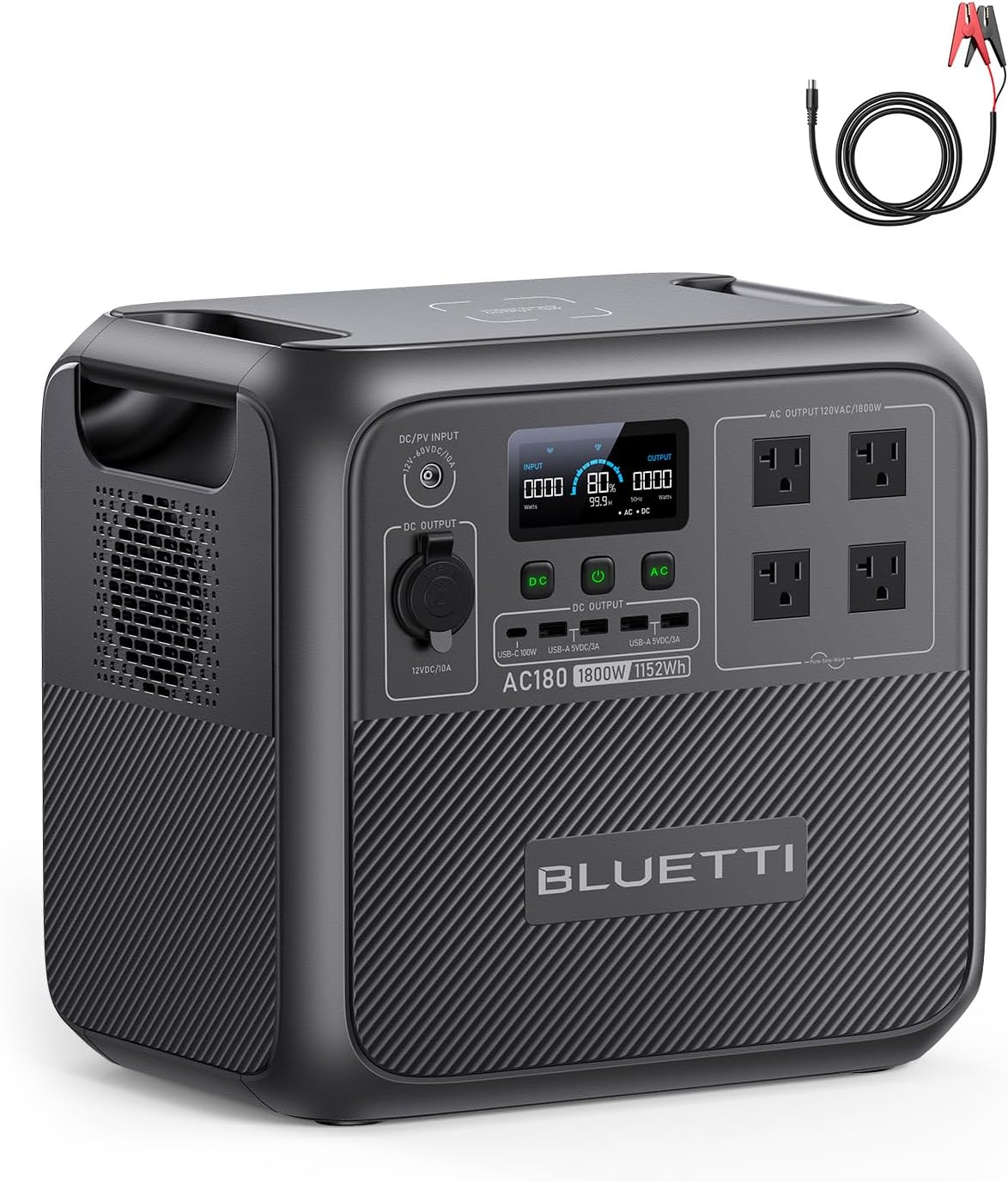 BLUETTI AC180 Portable Power Station, 1152Wh Solar Generator w/ 4 1800W (2700W Peak) AC Outlets, 0-80% in 45 Min, LiFePO4 Battery Backup for Camping (Acid to DC7909 Cable Included)