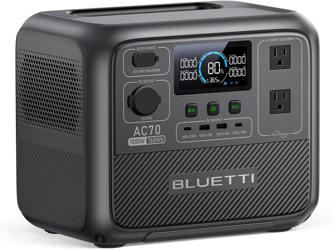 BLUETTI AC70 Portable Power Station, 768Wh Solar Generator w/ 2 1000W AC Outlets (Power Lifting 2000W), 100W Type-C, LiFePO4 Battery Backup for Road Trip, Off-Grid, Power Outage (Solar Panel Optional)