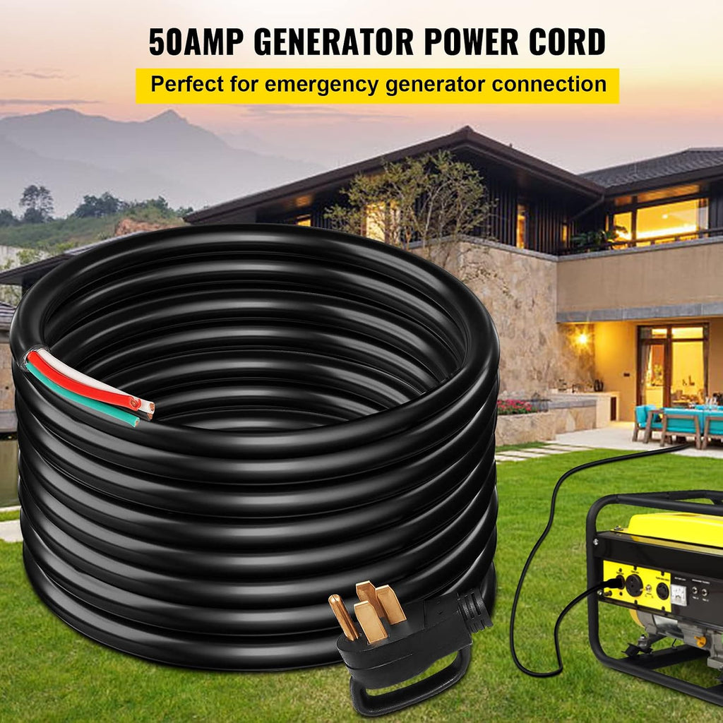 VEVOR 50FT 50 Amp Generator Cord, 6/3+8/1 AWG Pure Copper STW Cable 125V/250V 12500W, NEMA 14-50P to Bare Wire Open End for Transfer Switch Inlet Box Hardwire, ETL Listed