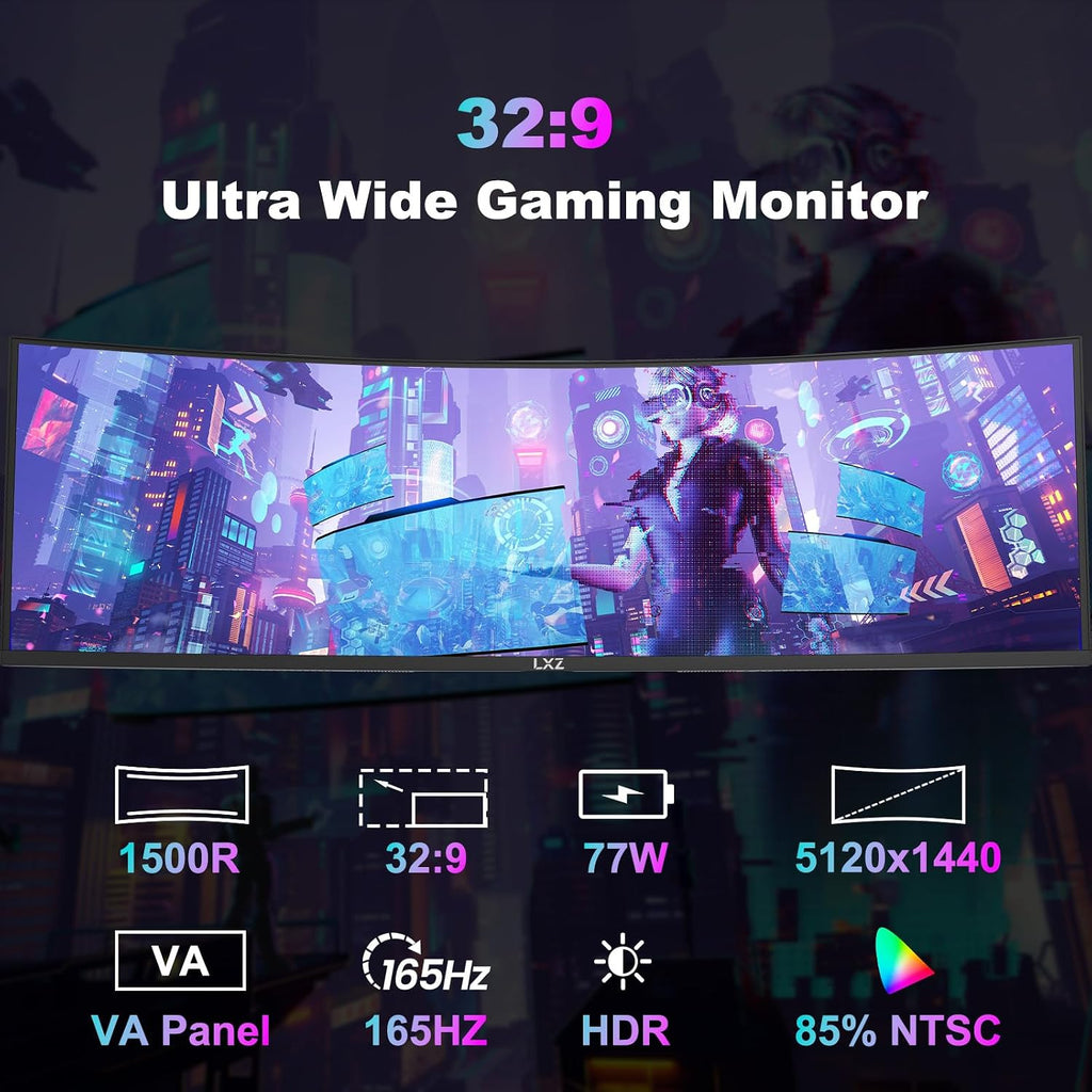 LXZ 49.5' Curved Gaming Monitor, 5120x1440 DQHD Ultrawide 32:9, 165Hz, 1ms MPRT, AMD FreeSync Premium, Height/Pivot/Swivel Adjustable, HDMI 2.1 & DP 1.4, VESA 75×75mm Mount Compatible