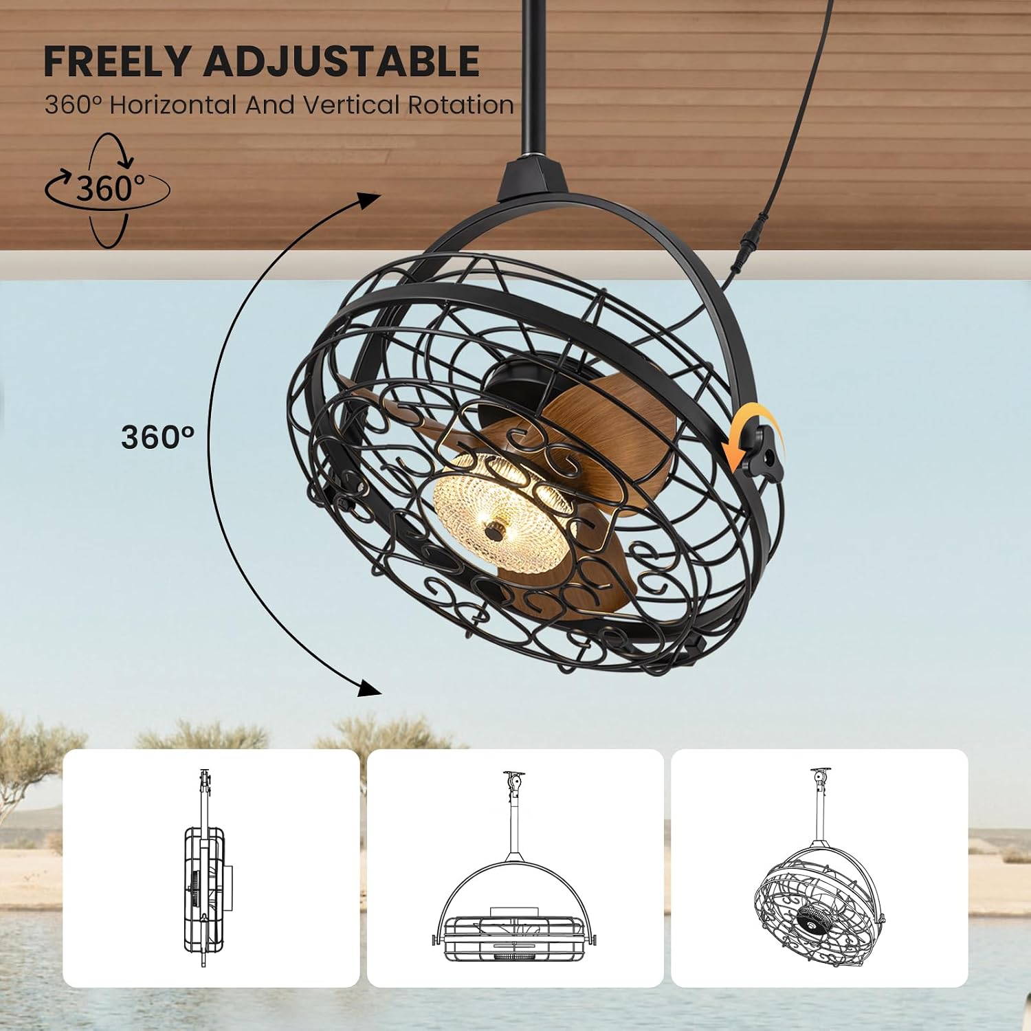 23'' Outdoor Ceiling Fans with Lights, Gazebo Fan Wet Rated Remote&APP Control, Dimmable Hanging Fan with Plug in Cord for Patio Pergola