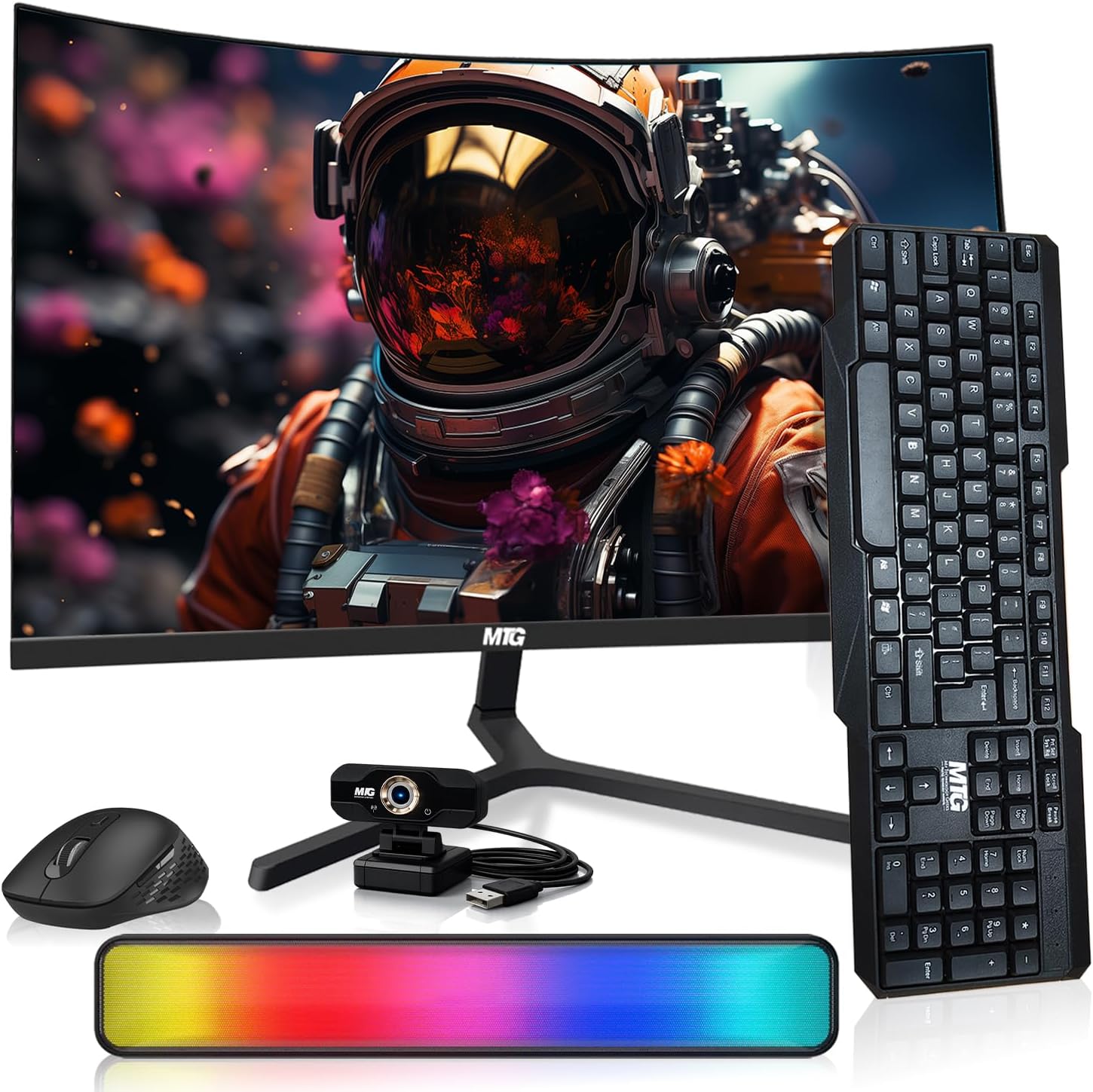 MTG 24' Curved Monitor Full HD 1080P Frameless Screen, HDMI DP USB Audio, Low Motion Blur, VESA Mount, Webcam with Wireless Keyboard Mouse & Soundbar, Computer Monitor for Gaming, Home and Office