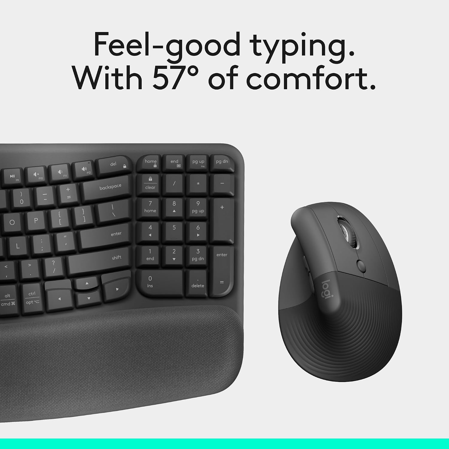 Logitech Wave Keys & Lift Vertical Mouse - Ergonomic Wireless Keyboard and Mouse Combo - with Cushioned Palm Rest, Easy-Switch, Bluetooth, for Multi-OS, Windows/Mac - Graphite