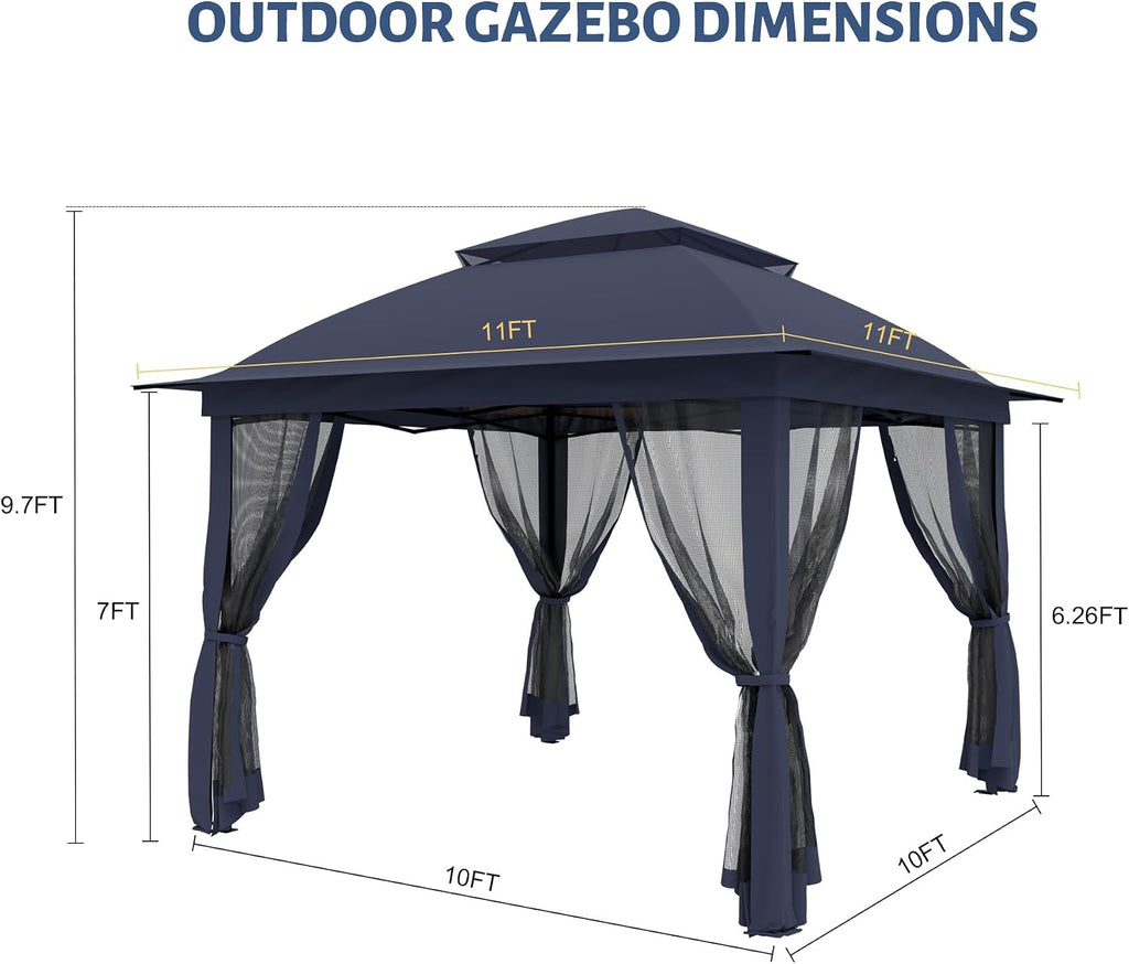 11'X11' Gazebo Pop Up with 4 Sidewalls Mosquito Netting, Heavy Duty Patio Gazebo Canopy Tent with Double Air Roofs for Backyards, Patios, Decks, Gardens, Parks