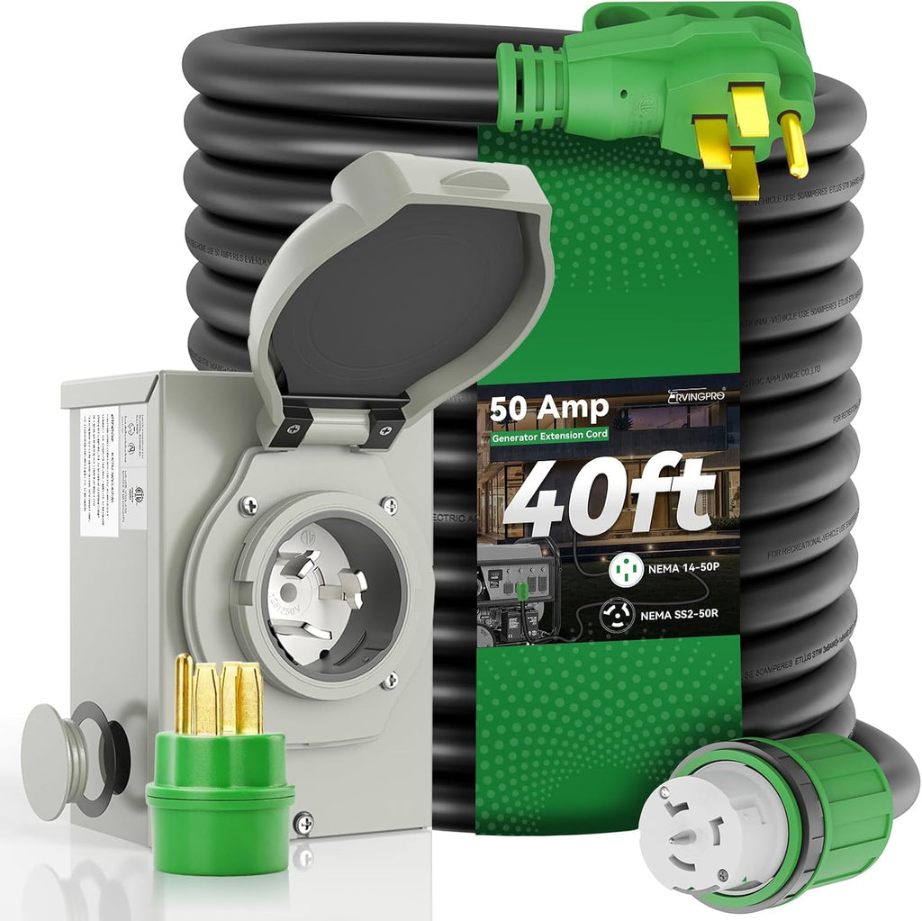 50 Amp Generator Cord 40FT and Power Inlet Box Combo Kit - Pre-Drilled, NEMA 14-50P to SS2-50R, Waterproof, ETL Listed