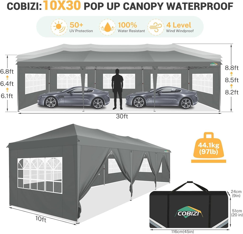 COBIZI 10x30 Pop Up Canopy Tent with 8 Sidewalls Party Tents for Parties Weddings Backyard Waterproof Commercial Instant Outdoor Events Tent with Stakes, Ropes,Sandbags（10 x 30 ft Gray