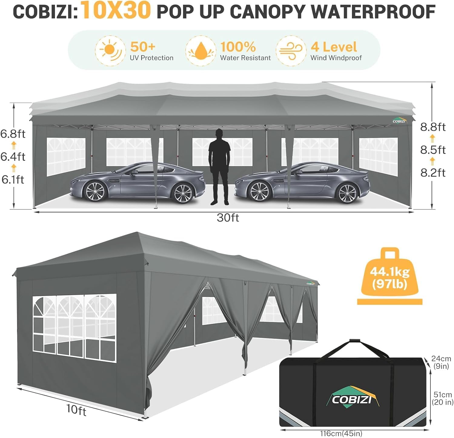 COBIZI 10x30 Pop Up Canopy Tent with 8 Sidewalls Party Tents for Parties Weddings Backyard Waterproof Commercial Instant Outdoor Events Tent with Stakes, Ropes,Sandbags（10 x 30 ft Gray