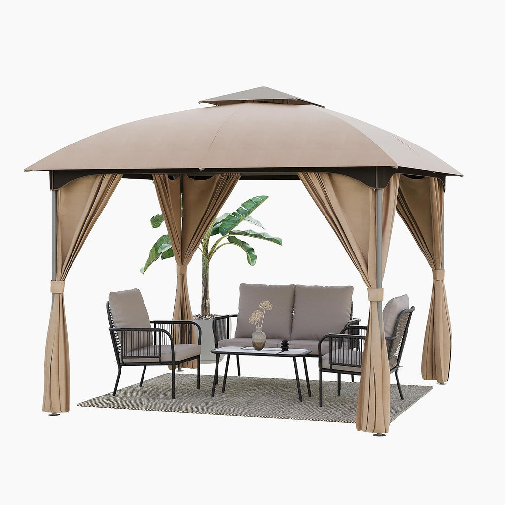LAUSAINT HOME 10'x10' Patio Arc Gazebo, Outdoor Canopy Tent with Curved Roof Design, Double Tier Top, Privacy Curtains & Wind-Resistant Ropes, Backyard Garden Lawn, Khaki