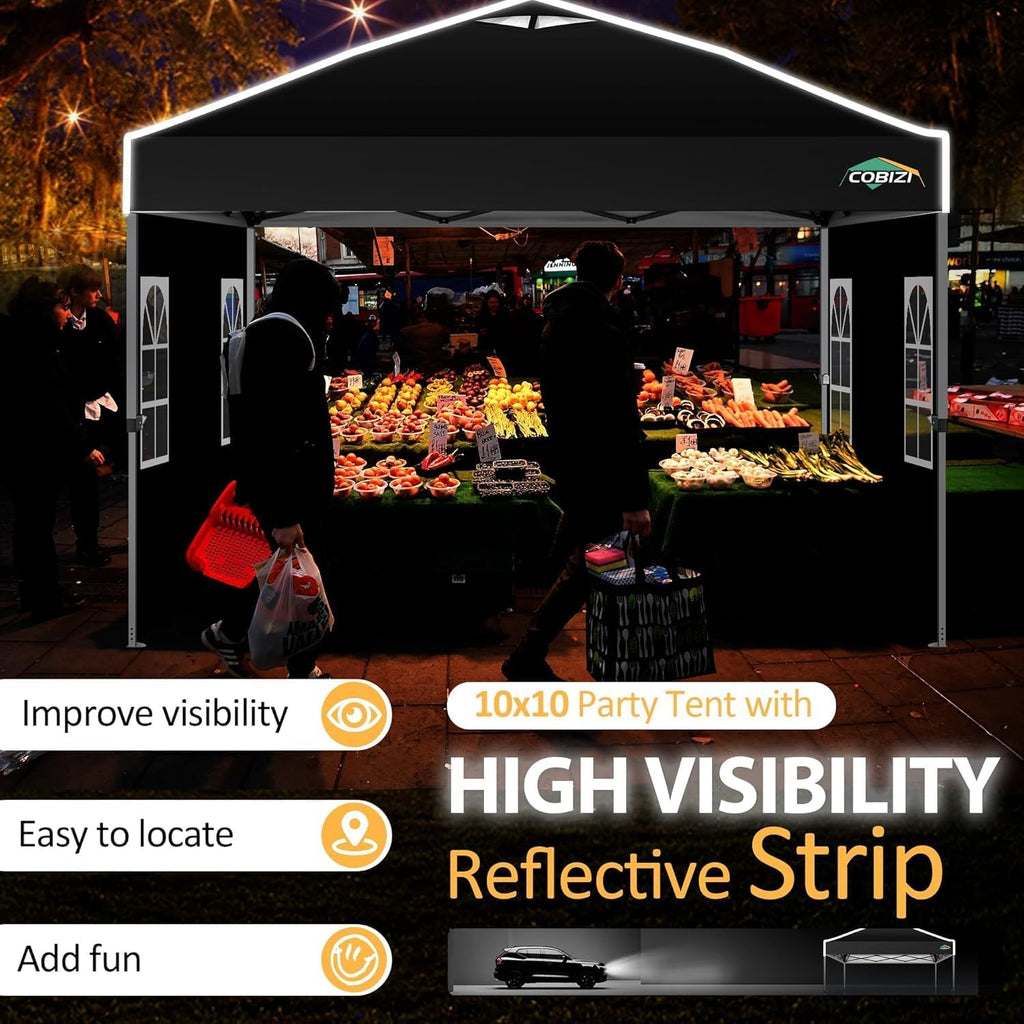 COBIZI 10x10 Pop up Canopy Tent with Sidewalls,One Push Setup Tent for Parties, Waterproof & UV 50+ Outdoor Commercial Gazebo with Air Vent, Reflective Strip,4 Sandbags for Garden, Beach,Black