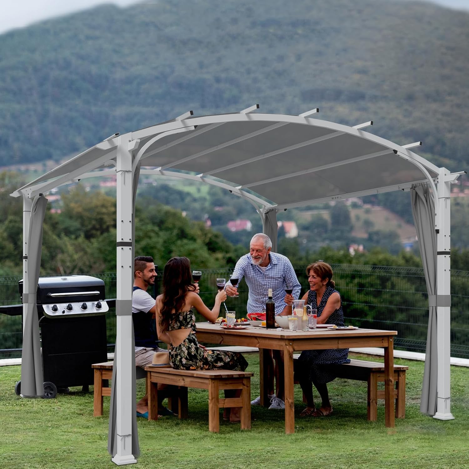 EAGLE PEAK 11x11 Outdoor Arched Top Pergola with Sidewalls, Steel Patio Gazebo with Textilene Top Canopy for Deck, Backyard, Porch and Garden, Gray