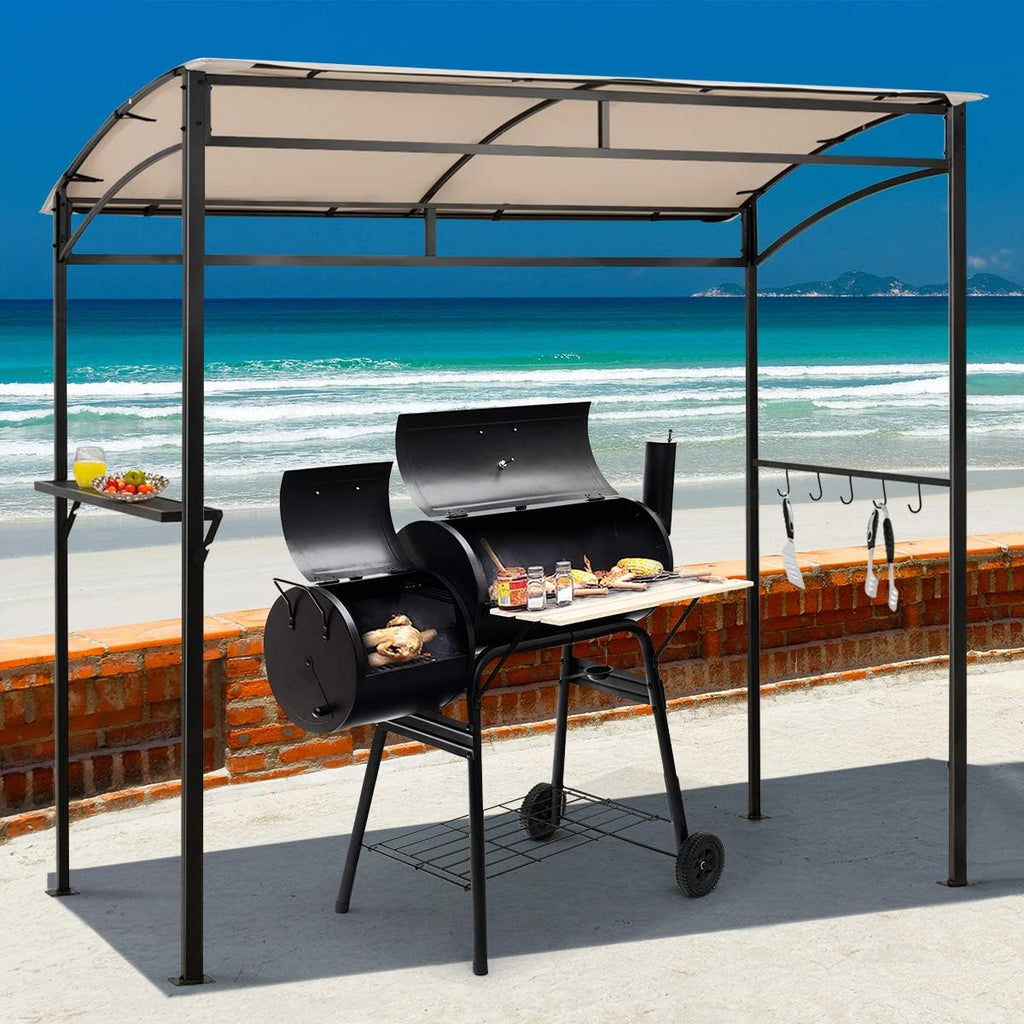 LDAILY Grill Gazebo, 7x4.4ft BBQ Canopy Shelter with Storage Shelf and Hooks, Heavy-Duty Steel Frame, Grill Pergola with Bottle Opener Notch, Small Gazebo for Backyard, Patio, Garden (Beige)