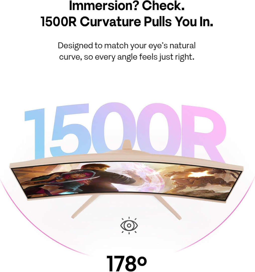 Pixio PXC248 Wave Beige 24 inch 200Hz Refresh Rate FHD 1080p Resolution 1500R Curve Fast VA Panel 1ms GTG Response Time Adaptive Sync HDR Curved Gaming Monitor