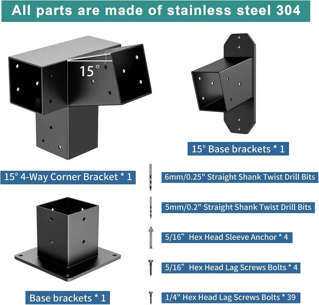 15° Wall Pergola Kits - Stainless Steel 15 Degrees Wall Mounts for 4x4 Posts(Actual 3.5' X 3.5'), Angled Pergola Construction Bracket Kit(a 4-Way,1 wall-Bracket,1 Post-Base)
